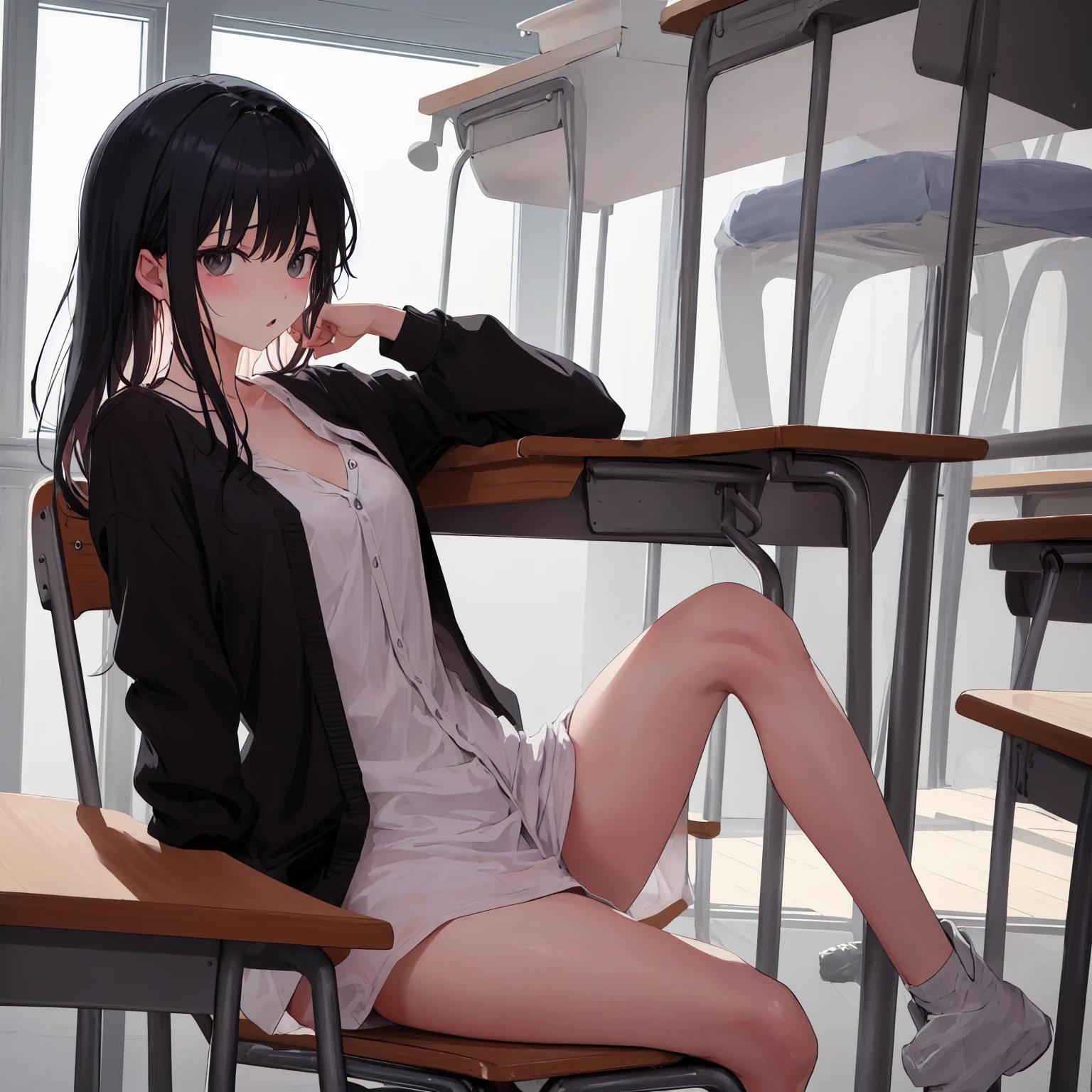 college girl，No clothes，One person sitting in the classroom