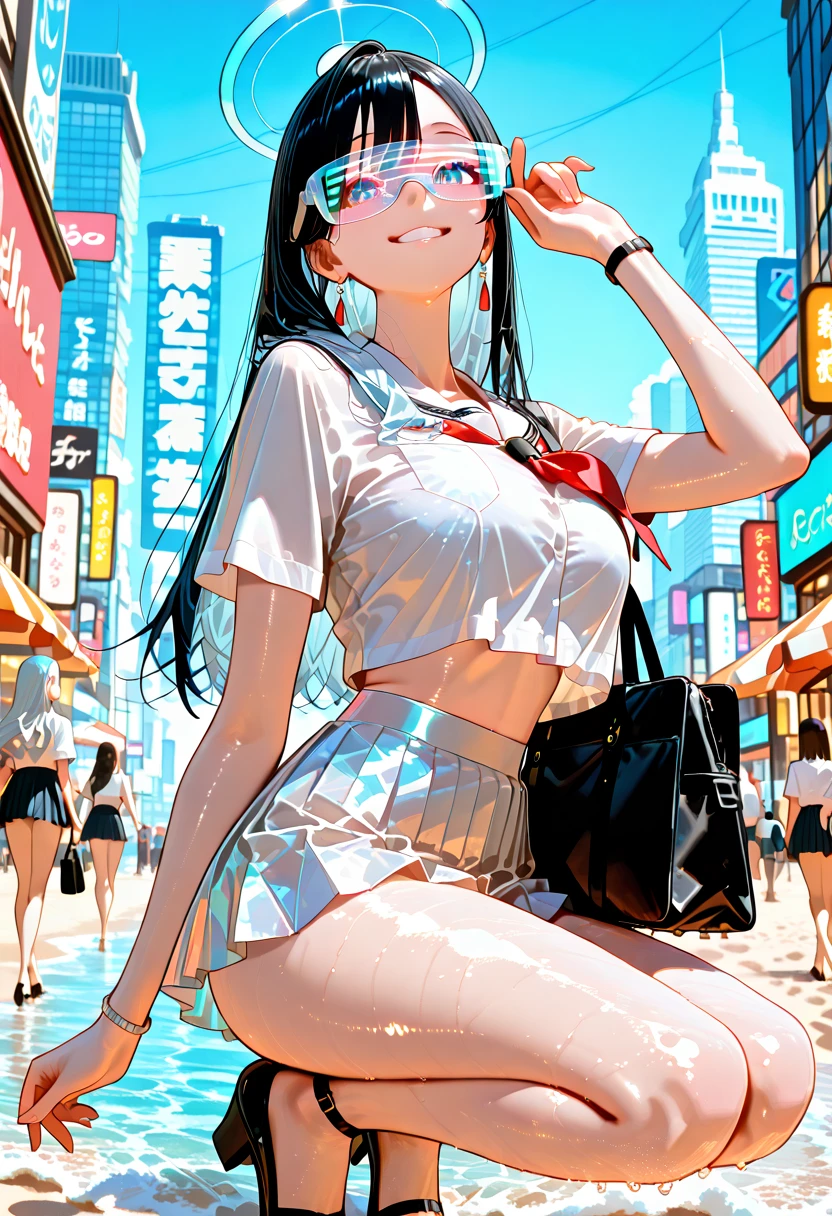 masterpiece Unreal Engine Anime Style Delicate painting 4K 90's giant crowd Residential Street apartment Apartment Woman in her 20s 高層apartment街の谷間に立っている水着の巨大な女の子 One piece swimsuit slender Straw hat sneakers White socks watch Black Hair blue sky cumulonimbus Contrail female giant giant girl Whole body Destroyed skyscrapers Destroyed cars Crowd Unreal Engine,cleavage ,a drawing of a , earrings, long hair, 1980s (style) Cute picture Beauty Analog style whole body sneakers