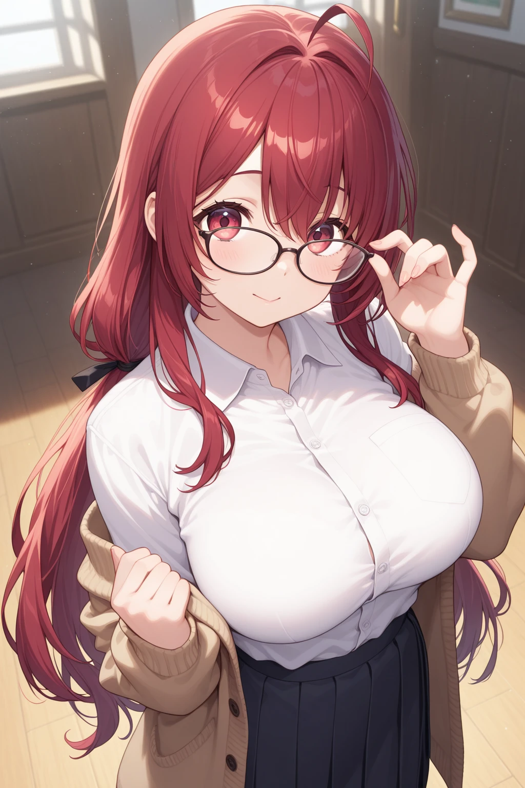 Loves creampie, big sister onee-san, exhibitionist sexy pose, sly smug, actress face, lifting her skirt thighhigh socks, no underwear no bra no panties licking red lips moaning face, lips lip sticks in focus, sucking her finger red lipsticks, tits and , tongue out, glasses