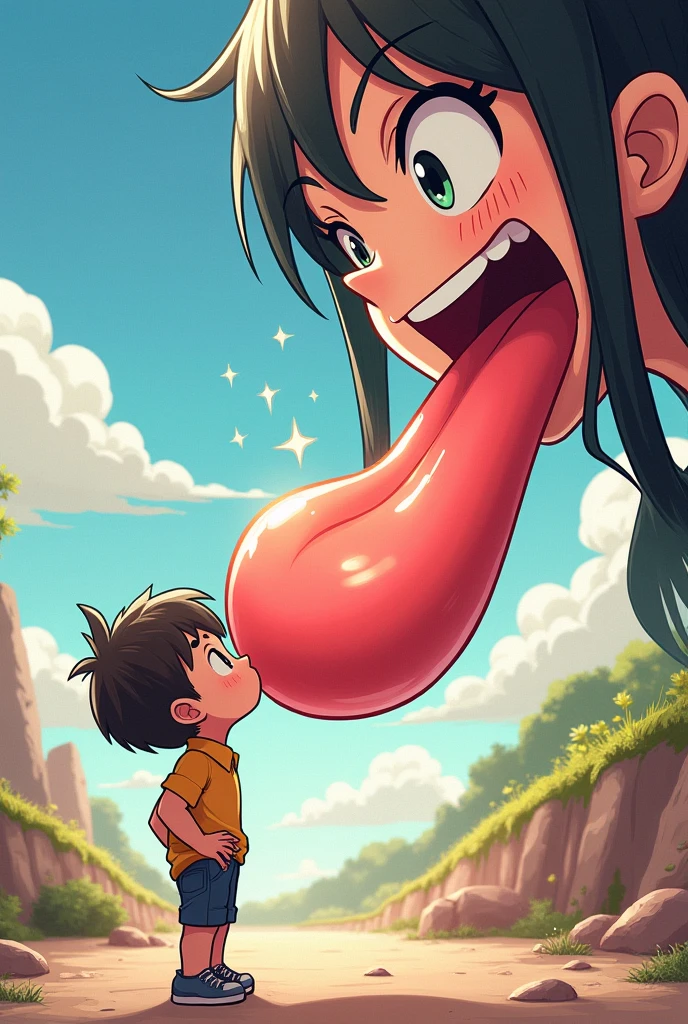 source_anime, score_9, score_8_up, score_7_up, anime screencap,8k, absurdres, 
selfie, happy, arm by side,
chi-chi, 1girl, 2 boys, long hair, smile, open mouth, pain, blushing, bangs, black hair, standing, ponytail, :d, sidelocks, outdoors, sky, sleeveless, day, cloud, blunt bangs, black eyes, tree, blue sky, smile, eyelashes, cloudy sky, tongue out, nude, tits, medium breasts, showing the ass, from behind, pubic hair vagina, semen, sex, dark skinned bald muscular big man with big penis, fertilization, impregnation, internal, cervical contact