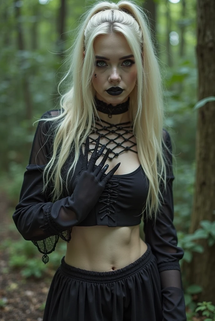 ((pale skin)), ((white skin)), athletic, brunette ((11 year old girl)), with long hair, with blue eyes, ((goth)), naked, defined muscles, six-pack abs, ((black lipstick)), pink nipples, black choker, pubic hair, ((moist labia)), wet labia majora, as a fantasy warrior, sexy armor