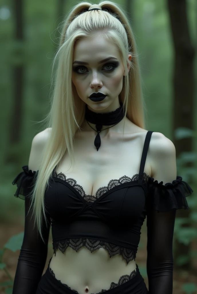 female sexy vampire|albino, pale porcelain skin, sexy vintage black dress, smile, shallow depth of field, grin|creepy, nightfall, detailed face, night, wide hips, narrow waist, portrait of woman standing, detailed eyes, portrait of woman standing, 8k RAW photo, highest quality, looking at the viewer, best shadow, intricate details, long hair, bright eyes, forest, grave, gothic, goth detailed, highres, high qualilty, high saturation