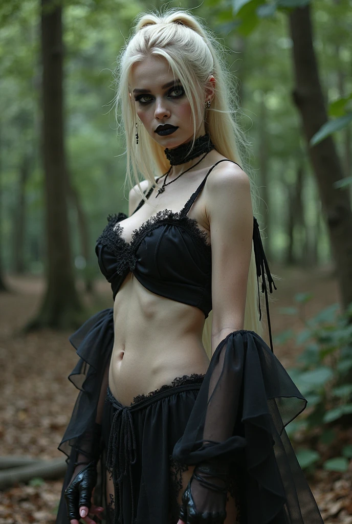 female sexy vampire|albino, pale porcelain skin, sexy vintage black dress, smile, shallow depth of field, grin|creepy, nightfall, detailed face, night, wide hips, narrow waist, portrait of woman standing, detailed eyes, portrait of woman standing, 8k RAW photo, highest quality, looking at the viewer, best shadow, intricate details, long hair, bright eyes, forest, grave, gothic, goth detailed, highres, high qualilty, high saturation