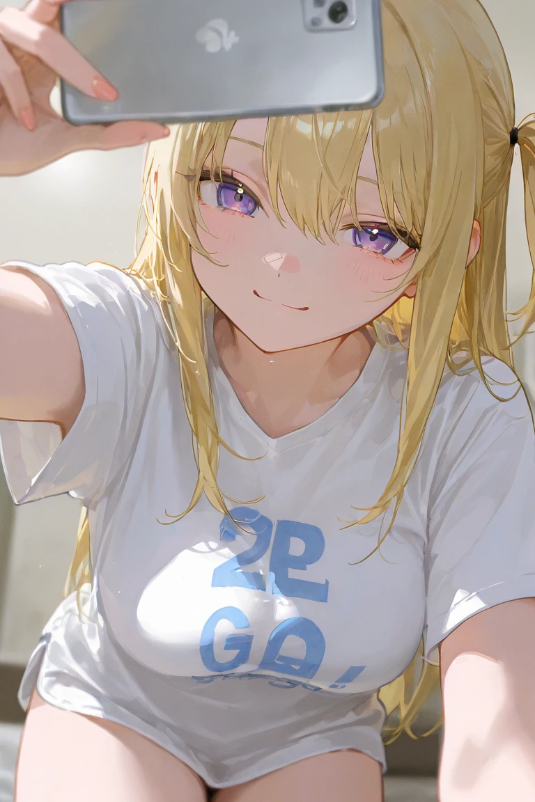 ((Best Quality)), ((Masterpiece)), (detailed), 1 girl, Pastel yellow hair, long hair, hair covers one eye, purple eyes, tight, big breasts, big thighs, expression smiling shy, white vote t-shirt, purple skirt, brown pantyhose
