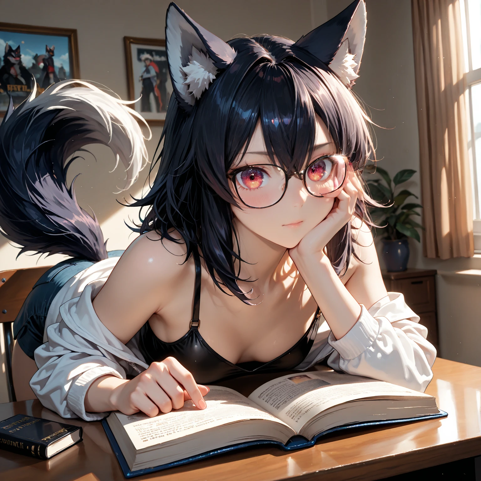 Solo, score_9,score_8_up,score_7_up, a young nerdy Anthro furry wolf woman, white furry body, tall, long black messy hair, hair covering one eye, long bangs, long black hair, blue eyes, black glasses, small breasts, white wolf tail, topless, wearing only black thong, thigh high socks with exposed toes, 4 toes exposed, bored expression, eyes half open, lying on a bed, lying on her stomach, feet up, holding a gameboy, looking at gameboy,