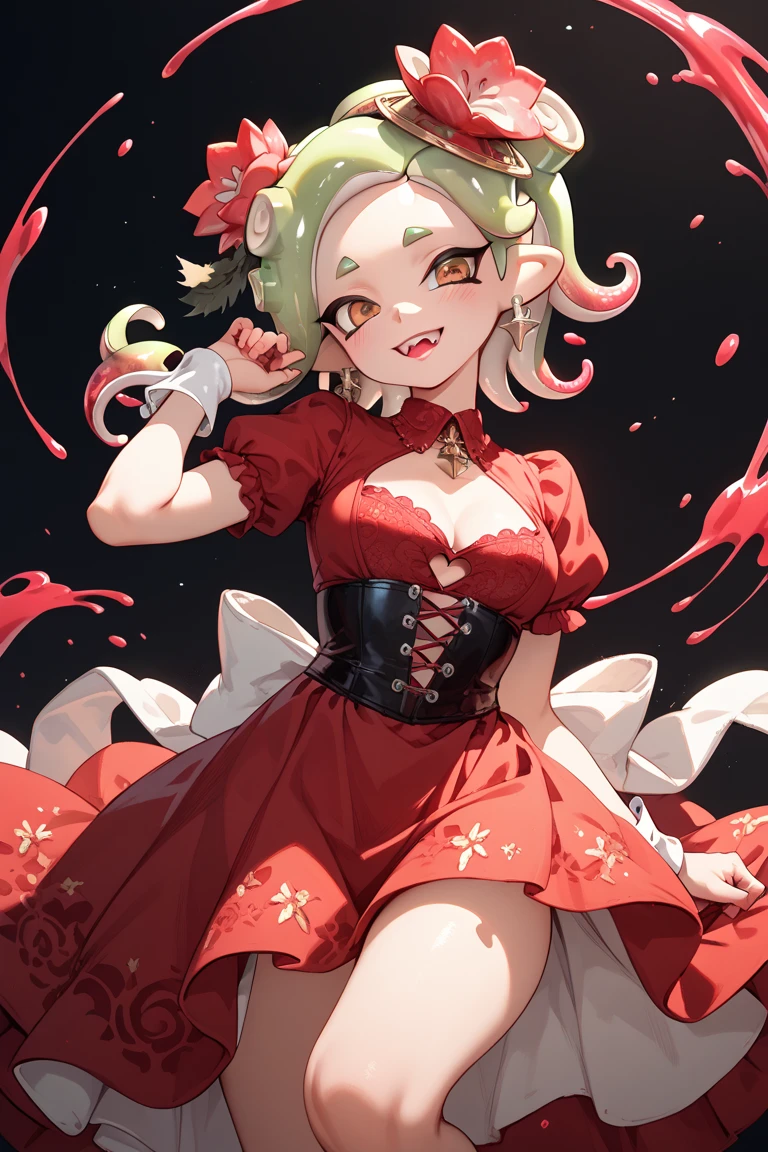 masterpiece, best quality, <lora:KagiyamaHina:1>, 1girl, solo, kagiyama hina, green hair, green eyes, breasts, pantyhose, bare shoulders, front ponytail, strapless, cleavage, black pantyhose, bow, sitting, looking at viewer, medium breasts, adapted costume, hair bow, dress, frills, squiggle, ribbon, blush, strapless dress, between legs, hand between legs, red dress, collarbone, v arms, bare arms, long hair, hair ribbon, skirt, bangs, red bow, simple background, seiza, red ribbon, red skirt, full body, sweatdrop, alternate costume, small breasts, frilled skirt, frilled ribbon