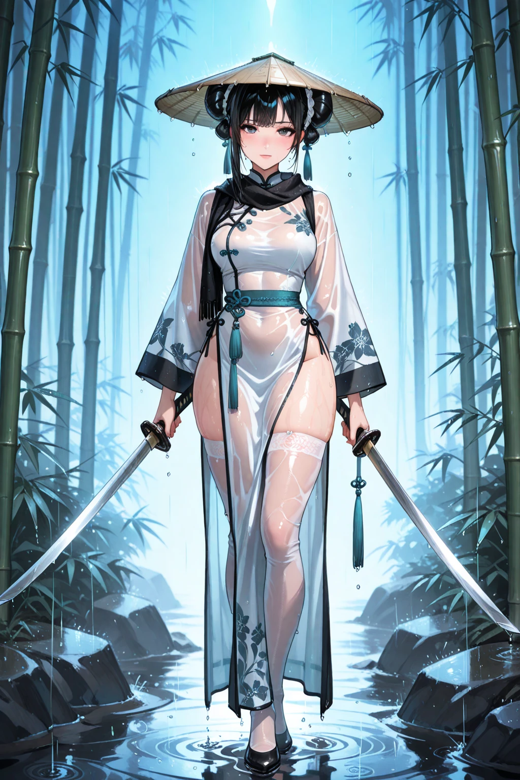 (hews art style:0.7), (hero neisan art style:0.7), score_9, score_8_up, score_7_up, score_6_up, score_5_up, score_4_up, uncensored, shizuka hiratsuka, long hair, black hair, black eyes, BREAK (masterpiece:1.2), best quality, high resolution, (detailed eyes:1.3), perfect lighting, (perfect hands, perfect anatomy), 1girl, breasts, japanese clothes, large breasts, solo, weapon, sword, kimono, magatama, katana, sash, jewelry, thighhighs, cleavage, smile, obi, thighs, earrings, rope belt, magatama necklace, wide sleeves, looking at viewer, white kimono, open mouth, necklace, detached sleeves, grey kimono, cherry blossoms, black thighhighs, holding weapon, holding, holding sword, long sleeves, bare shoulders, dragon print, weapon over shoulder, backlighting, standing, fighting stance, from above, grin, magic-realism, aura,