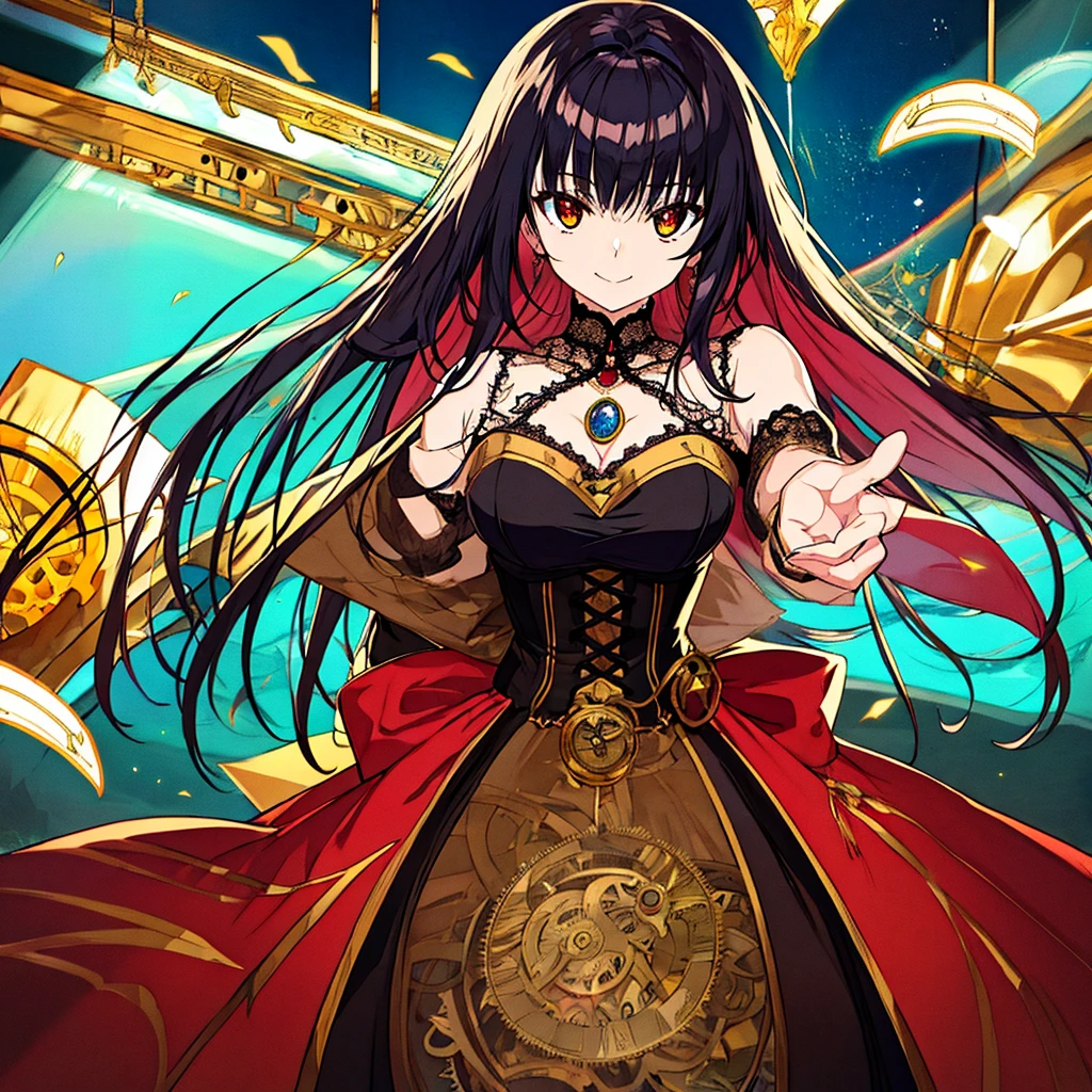 tmasterpiece, Best quality,1 busty girl,Young woman,Vampires,square shapes,Exaggerated clothing,Intricate ornaments,rockabilly style,Gothic style,rivet,Metal belt buckle,one side earrings,Two colors of hair,hand guard cleavage cleavage,Metal jewelry,bloods,Maniacal laughter,Sick,Vampire Queen,blood spatter,The overall image has a jagged edge effect,Add special visual effects。
