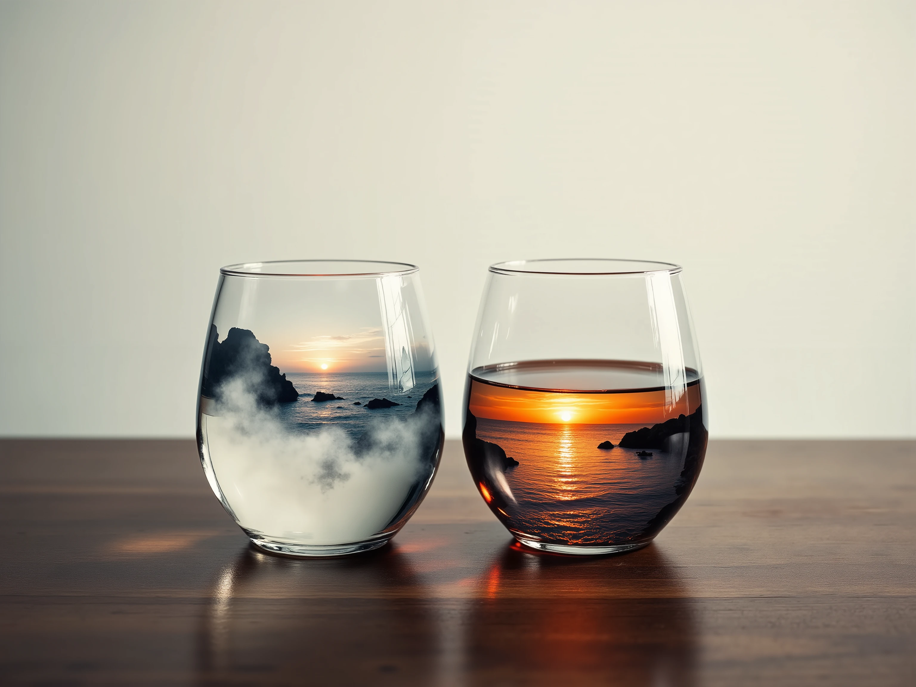 complex double exposure of the highest quality. Minimalistic still life photo of two half-empty glasses on a wooden table, double exposure effect. Left glass shows a serene sunrise over the ocean with soft pastel tones and mist. Right glass shows a dramatic sunset over the sea with fiery orange-red hues and silhouettes of rocks. Shot in the style of Christophe Jacrot and Dan Mountford, subtle film grain, muted background, soft natural lighting, 8K .digital artwork showcasing ultra-detailed textures, pure perfection. High Resolution, High Quality