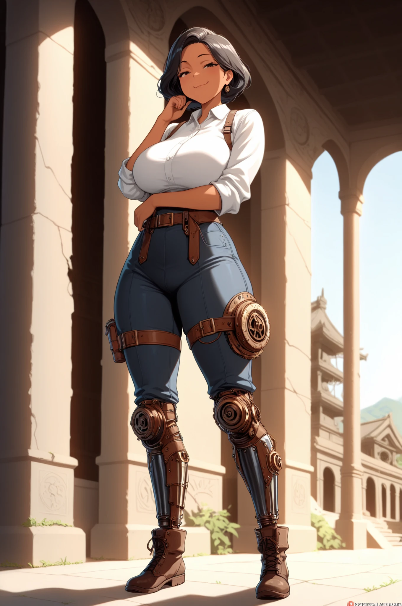 masterpiece, best quality, amazing quality, very aesthetic, high resolution, newest, hyper-detailed, (long shot), solo, 1girl mature woman, half-giant, black hair, short gang hair, african tan skin, smug smile, mechanic legs, steampunk legs,fighter clothes, fantasy theme, fan art, absurdres, temple ruins background, depth of field