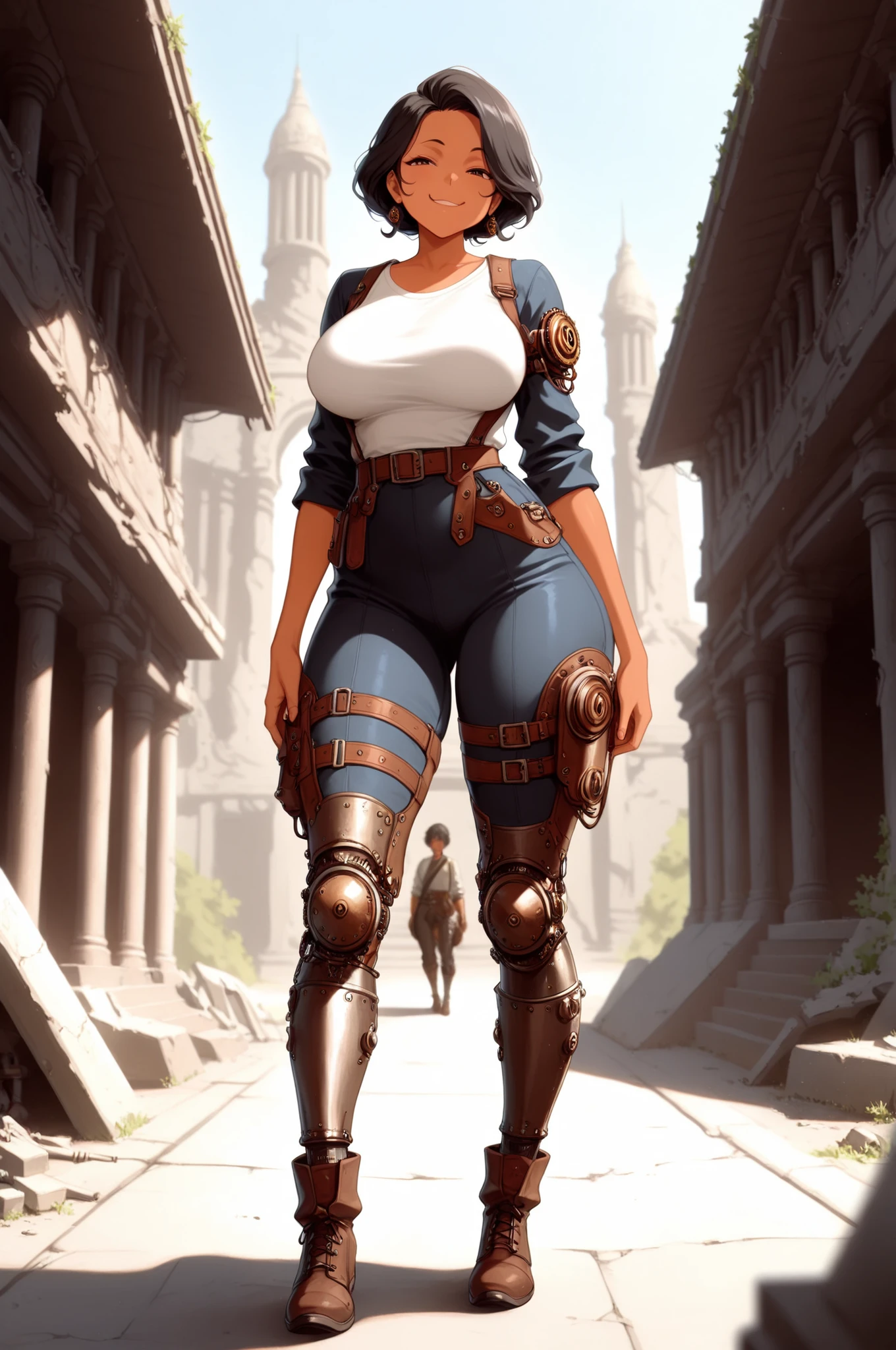 masterpiece, best quality, amazing quality, very aesthetic, high resolution, newest, hyper-detailed, (long shot), solo, 1girl mature woman, half-giant, black hair, short gang hair, african tan skin, smug smile, mechanic legs, steampunk legs,fighter clothes, fantasy theme, fan art, absurdres, temple ruins background, depth of field