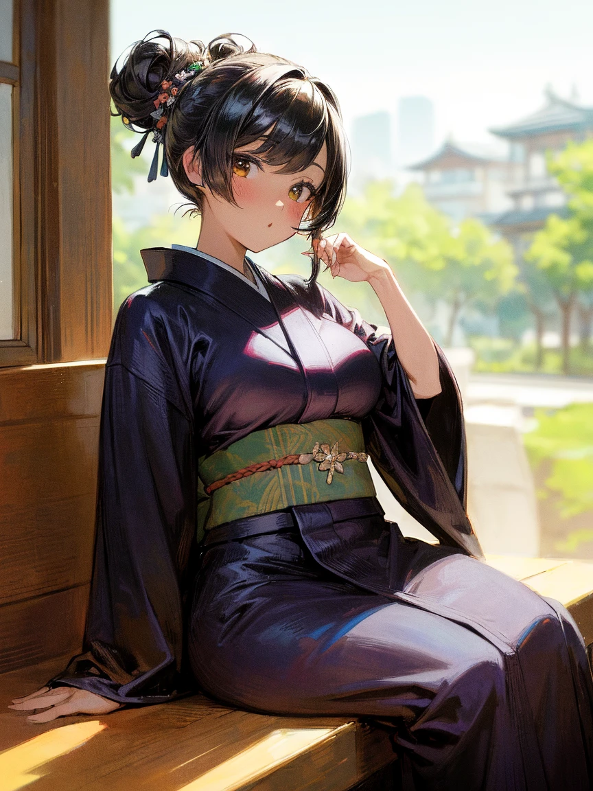 absurdres, RAW photo, extremely delicate and beautiful, masterpiece, Best Quality, ultra high resolution, 32k, hyperrealistic, ultra-detailed, in her 20s, delicate facial features, beautiful detailed girl, extremely detailed eyes and face, beautiful detailed eyes, tearful mole, earring, medium breasts, full body shot, shorter middle hair, black hair, kimono, haori,