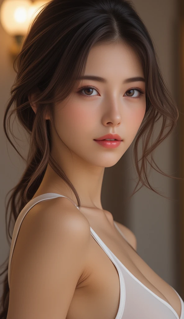 Young girl  ,masterpiece,Realistic,32k,Highly detailed CG 8K wallpaper, Highest quality ,(((Professional Lighting 1.5)))Upper Body,((Brown Hair:1.2))、(((White lace bra 1.85)))、Small breasts、Slim body type、White background 1.4