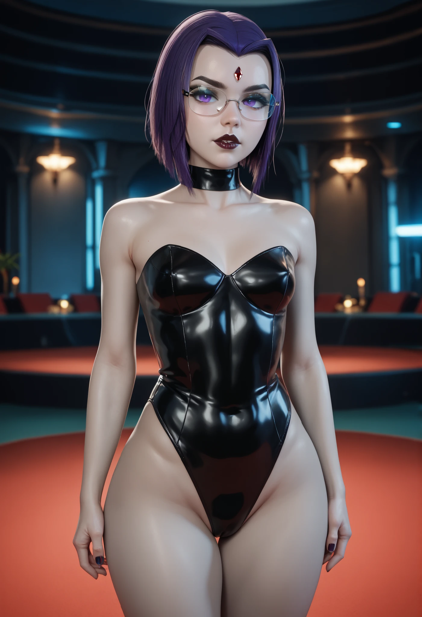beautiful teenage girl, medium breasts, cleavage, very thin body, very short hair, purple hair, blue eyes, freckles, seductive, happy, smiling, blushing, black strapless high-waist leotard, high heels, thigh high socks, thin frame eyeglasses, crowded night club background, 8k, highly detailed, perfect anatomy 