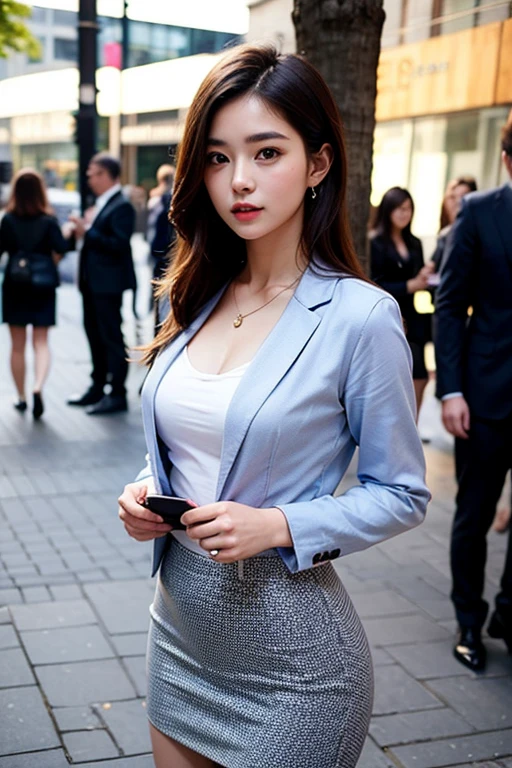 a 18 year old face of the most beautiful actress in the world, the perfect body proportions of a female, blazer on formal shirt is tight thanks to the large breasts of a female, panties between bare legs are almost seen thanks to too short skirt, the short hair cut of a female is just like male one, standing, at the city street, nsfw, best quality, highly detailed, masterpiece, ultra high res, photo realistic, 8k