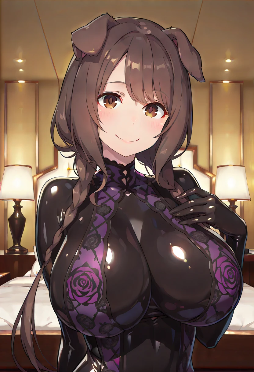 1girl, bunny ears, rabbit ears, large breasts, black leotard, bunnysuit, leotard, brown hair, short hair, ponytail, yellow eyes, mature female, light smile, cleavage, elbow gloves, fishnet, fishnet pantyhose, bowtie, gold trim, golden trim, red bowtie, ((brown hair))