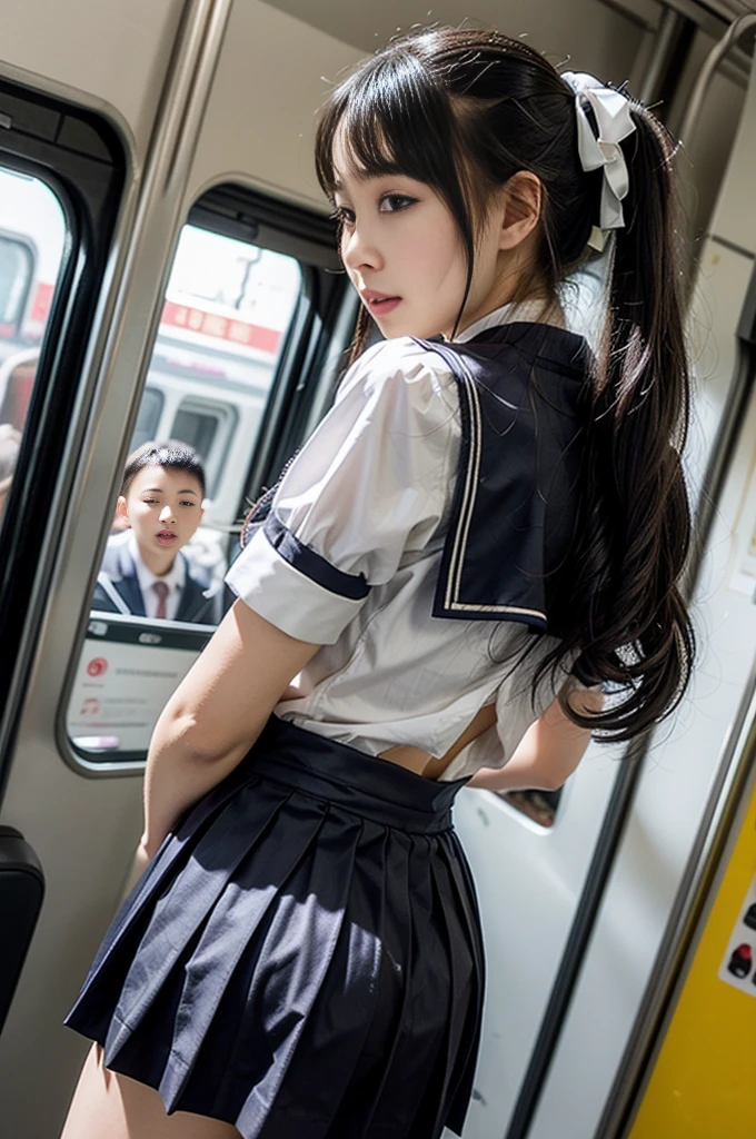 ((Little girl with loli very short stature))、、(Sexy idol with beautiful very young face with gentle and attractive Japan),Grab from behind、12 year old sexy idol、((High school girl in white sailor suit with short short sleeves)),(Sailor collar),(Grabbing your butt from behind on a crowded train)、(Dark blue pleated skirt with a curled up:1.3)、Omeko Beautiful Girl１a person、bangss:1.3、((Japan man grabs schoolgirl ass from behind))、((((molesting))))、Touching your buttocks from behind on the bus、(red blush)、((huge-breasted)),Sexy Girl、((Very small face))、(((sexual act、erotick)))、((Skirt flipped up、You can see the striped panties))、(High twin tails)Large hair ribbon、high-level image quality、realisitic、(((agony、angry expressions)))、(((Japan men in suits touch chest and crotch)))、((Japan men in suits grab huge breasts))、(((On a crowded train)))、((Striped panties)),Turned,((angry looking face:1.4))