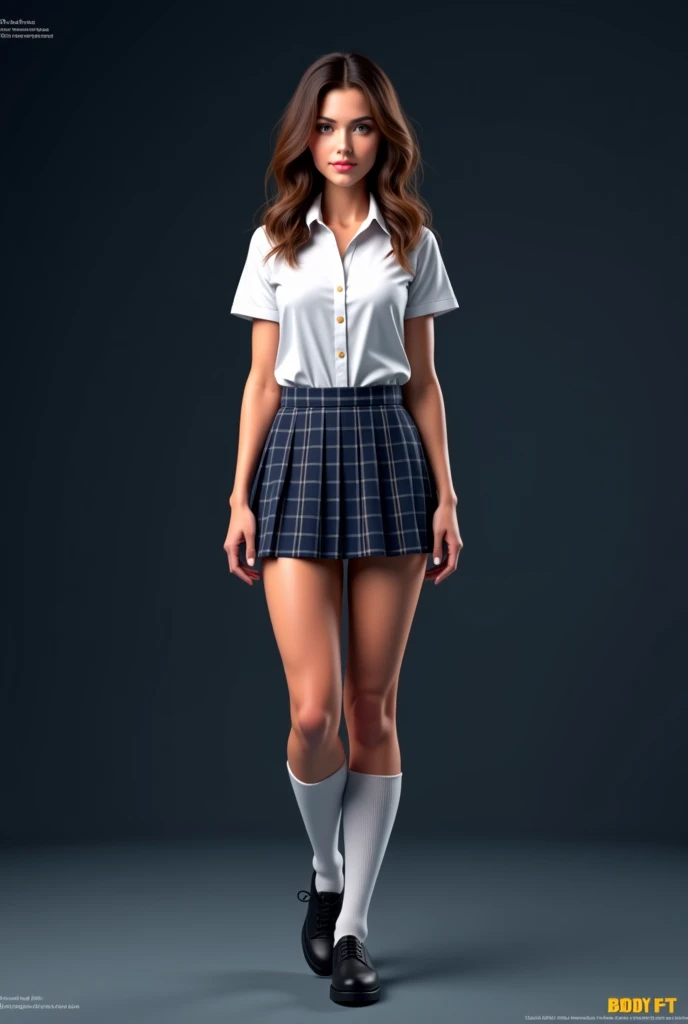 Hyper-Realistic photo, 1girl, solo, muscular woman, long hair, skirt, brown hair, boots, socks, bag,