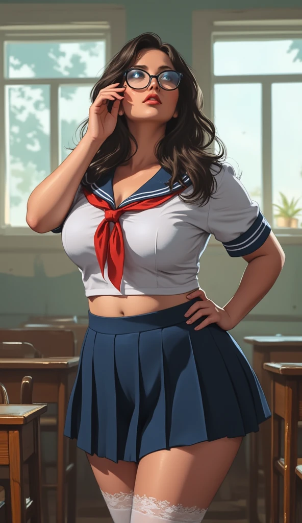 young Salma Hayek, cleavage, tied shirt, midriff, flashing panties, short skirt, stockings, sultry