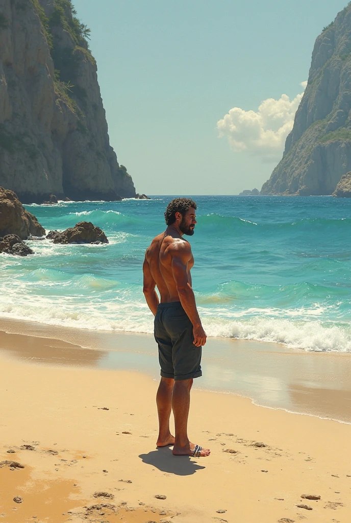 a muscular, tanned man, of Latin nationality, surrounded by ten women, in an island setting, sea in the background