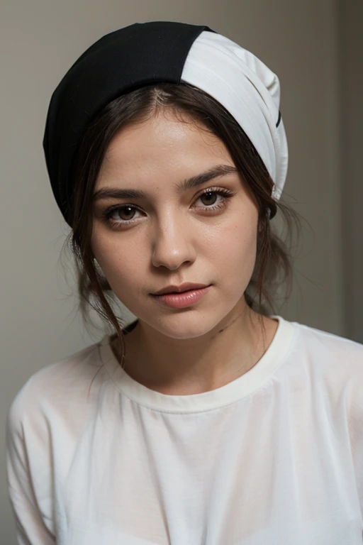 Belle femme, latina, fourrure noire, yeux bleus, de courbes, essai blanc