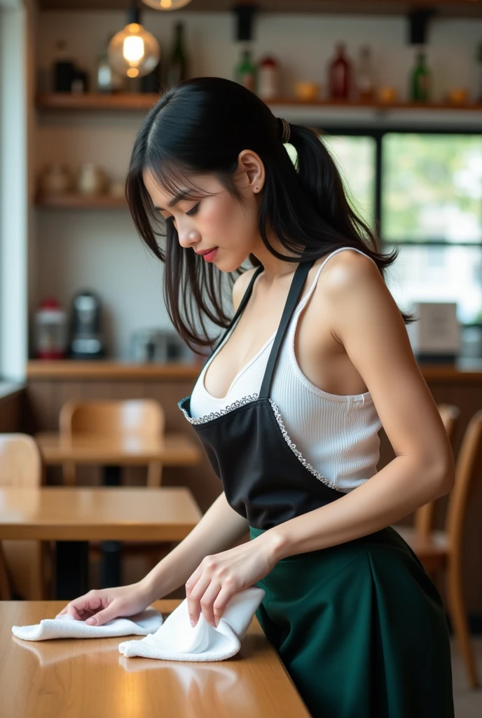 [((young attractive Asian woman:1.5)), ((Sophie Tan:1.4)), standing in a trendy café, with her back to the camera. She is wearing ((a short waitress skirt that has blown up, exposing her buttocks:1.2)), paired with a tight blouse and apron. Her hair is styled in a ponytail, and she has a seductive, intense gaze over her shoulder. The background features tables, chairs, and a counter with pastries and coffee machines. The scene is captured with a ((high-resolution mirrorless camera:1.2)) using a ((35mm prime lens:1.2)) for a balanced perspective. Post-production enhances the contrast and sharpness to highlight her outfit and features, and a ((soft bokeh effect:1.1)) is added to the background. The image should be in ((8K resolution:1.1)) with ((hyper-realistic detail:1.3)). The backdrop emphasizes the trendy café with detailed textures of furniture and equipment. The focus is on the woman's blown-up skirt exposing her buttocks, capturing a seductive and intense vibe. Natural daylight from café windows is used with slight enhancements to create a bright and inviting atmosphere, with a ((soft bokeh effect:1.1)) on the background, enhanced vibrancy, and high contrast to make the scene pop. She is standing with one hand on her skirt, looking seductively over her shoulder, exuding confidence and allure, embodying waitress chic.]