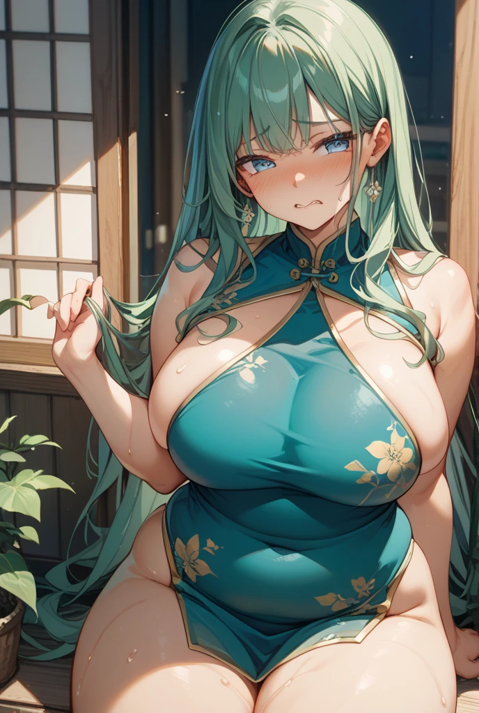 1 girl,Solo,masterpiece, Sharp focus, (Beautiful gorgeous cute korean woman:1.3), (beautiful cute korean woman:1.3), korean beauty, delicate and beautiful hair and eyes and face, real, super detailed, beautiful girl, glowing white particles, (sidelight:1.2), slender, big,huge breasts and big ass, showing teeth and laughing, ((laughing with eyes, open both eyes)), long straight hair, sexy look, dynamic hair, long straight hair, detailed platinum mint green hair, shining blue eyes, china clothes, in bed, (seductive), ((excited: 1.5)), ((areola)), ((in the heat)), white skin, hair ornament
