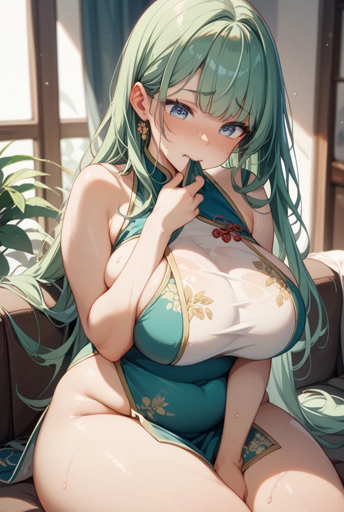 ((midynight, best qualtiy, 8K, tmasterpiece :1.3)), full bodyesbian, long leges, Sharp focus :1.2, A beautiful woman with a perfect figure :1.4, Slender abs :1.1, (, gigantic cleavage breasts :1.2),The chest is very low, (nighttime scene, the roof:1.3)), Highly Detailed Face and Skin Textur, Fine Eye, 二重まぶた,(best qualtiy)Meticulous high noble lace light green tight cheongsam girl,(Background with:Exquisite bar、Alcohol from different countries、Bartender),Sit on the floor of the bar,spread their legs,Wear a light green skinny cheongsam,Paired with noble light green lace,Excitation,cleanness,Bare chest,Protruding lower abdominal muscles,Reveal tight panties,And for《Super》Add a cinematic touch to your scene,(((Super big breasts:K cup))),((White extremely curly hair,Pick dyeing、Colorful)),Tied with a high ponytail,Film lighting completes the overall atmosphere。