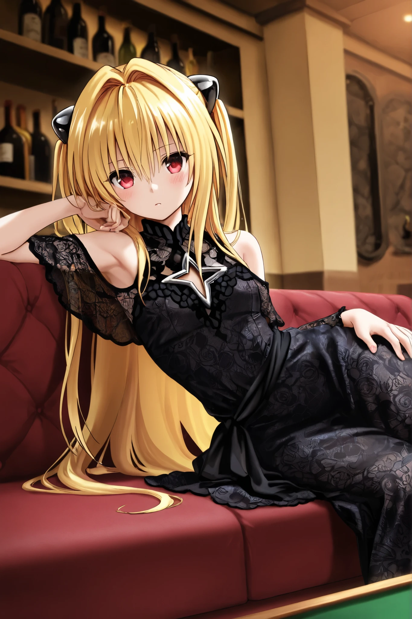 (Perfect Face, Detailed face, Beautiful Eyes,Perfect hands,Perfect Fingers)、Red face、((vapor))、hot、((konjiki no yami, ph Yami))、Maternal, Foot, alone, 1 Girl, Blonde Hair, Red eyes, Long Hair, Black hair ornament, Big eyes, Masturbation,A flushed expression、Dirty face、Expressionless、 (masterpiece:1.2, Highest quality), (細かくてBeautiful Eyes: 1.2), (Beautiful and dense face), (Sharp facial hair between the eyes)、Black lace dress、Underwear is visible、12 years old, Grinding, Transparent panties、Large Breasts、Neon lighting、Looking up