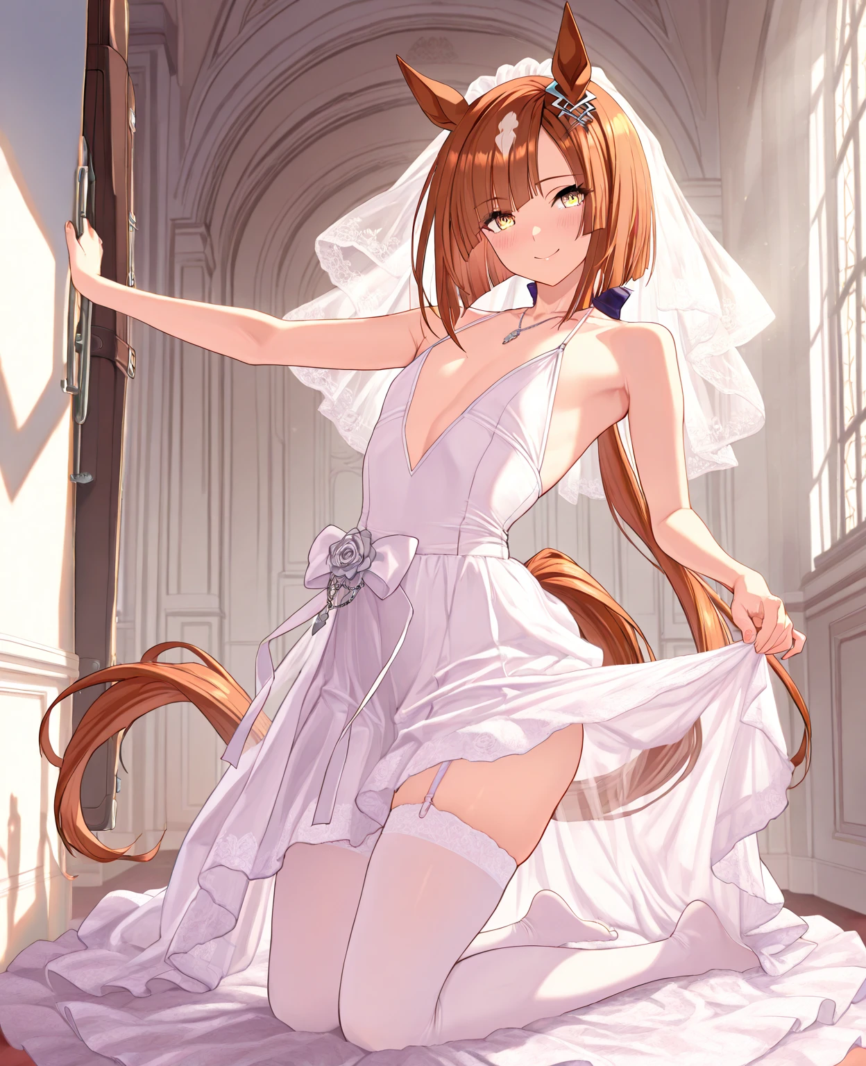 (((masterpiece))), (((Highest quality))), ((Very detailed)), ((Ultra-fine illustrations)), ((Ultra-fine painting)), (16K Highest qualityの壁紙:1.4), (Upper Body:1.4), (Very detailed and delicate illustration style:1.8), Detailed skin texture, Detailed cloth texture, Detailed rose flower texture, Very detailed説明, (Tmasterpiece), (Very detailed face:1.4), (Very detailed fox ears:1.2), (Very detailed golden brown hair:1.2), (Very detailed, Beautiful and clear eyes:1.2), original, RAW Photos, Professional, Intricate details, Super Details, Direct sunlight:1.6, (Perfect Anatomy:1.4), (Very detailed hands:1.2), (Very detailed fingers:1.2), (Very detailed fingertips:1.2), (Age 27), Genuine, (alone:1.6), ((A very beautiful and charming fox woman fashion model:1.4))
brake
(Beautiful and adorable fox ears:1.6), (Very detailed and delicate fox ears:1.4), (Beautiful and well-shaped big breasts:1.2), (Beautiful and shapely butt), (Beautifully shining golden brown hair:1.6), (Very detailed and delicate golden brown hair:1.4), (Clear blue eyes that shine beautifully in every detail:1.6), (Very detailed and delicate blue eyes:1.2), (Very detailed face:1.4), (smile:1.4), (View your viewers:1.4), (Are standing:1.4), (celebration:1.4)
brake
((celebrationの席で着られる、A delicate and beautiful princess dress。:1.4))
brake
((Holding a large, intricate and delicate bouquet in both hands ((White and pink roses)):1.3))
brake
(After noon:1.4), (celebration:1.4), ((Very detailed and delicate white rose flower and pink rose flower garden background:1.4)), (Very detailed and delicate royal palace courtyard background in just after noon in spring:1.4) brake