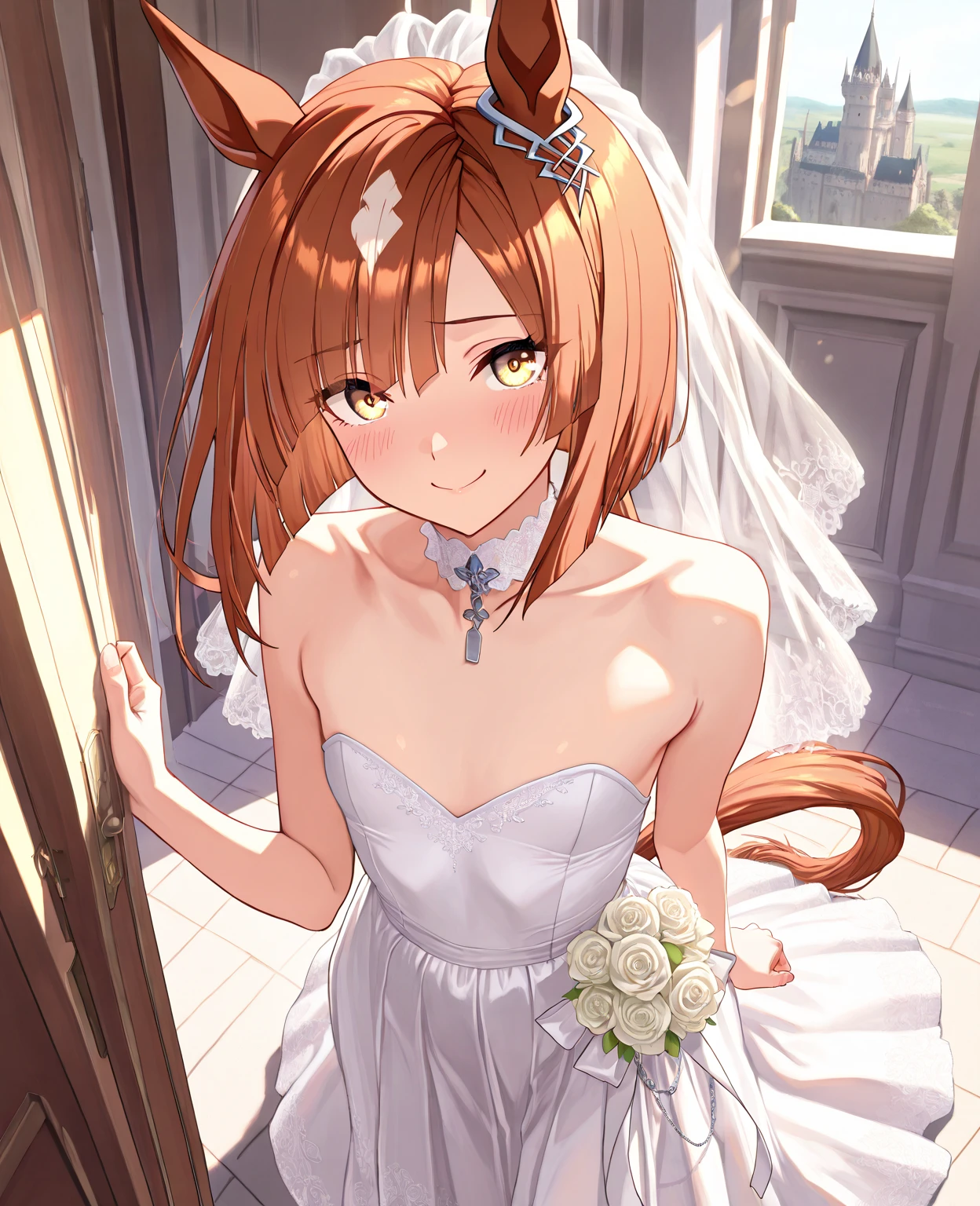 (low View:1.5), semi-furry, red hair, green-eyes, beautiful hands, medium body, curtsy, rabbit face, surrounded by a halo of stars, cute smile, beautiful detailed dress, graceful posture, soft lighting, classic painting style, subtle color palette, impeccable manners, gentle movement, delicate hand gesture, attraction to royalty, formal occasion, subdued elegance, eye contact with audience, feminine charm, grace and poise, vintage fashion, regal aura, sophisticated demeanor, refined gestures, romantic atmosphere, ladylike grace, polished appearance, gentle bow, very detailed, strongly colored, realistic lights, digital colored, 4k.