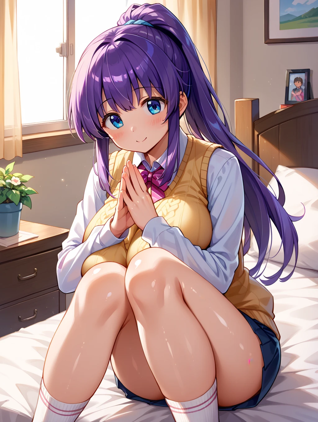 {{{NSFW}}},(masterpiece:1.2),(ultra quality:1.2),(ultra detailed:1.2),(ultra-high resolution:1.2),(very fine 8K CG wallpaper:1.2),Mejiro McQueen\(umamusume\),{1 girl,beautiful girl,cute,smile,kawaii, lovely,blushing,playful expression},sharp focus,oily skin,beautiful detailed hair,glossy hair,(wear school uniform:1.5),(lying on the bed:1.2),wear long school skirt,perfect two legs,(spread two legs:1.2),(show-off-white-panties:1.3),five fingers,large breaths,wear black pantyhose,beautiful detailed eyes,jewel like eyes,violet eyes, (two hands behind head:1.1),open mouth,armpits, solo,beautiful navel, looking at viewer,collarbone,earring