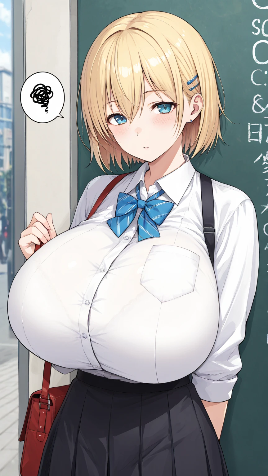 anime style, narusawaryouka, best quality, high resolution, 1waman, mature female, milf, curvy, happy smile, (gigantic breasts:1.2), red tie, plaid skirt, outdoors, city