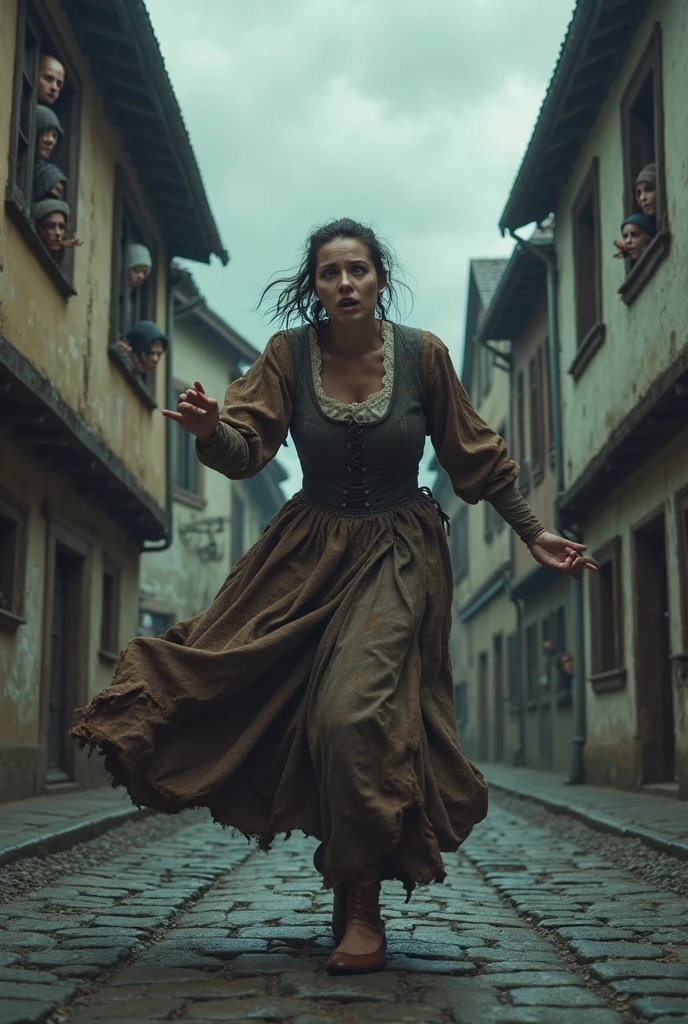 wetshirt, woman standing in a downpour, european village, dirndl dress, (by Steve McCurry, by Alessio Albi, by Lee Jeffries, by Herb Ritts, by Jeremy Mann:0.8), black hair, updo, close-up, leaning against wall, cobblestone, rain, street, bokeh, red ribbons, wetshirt,