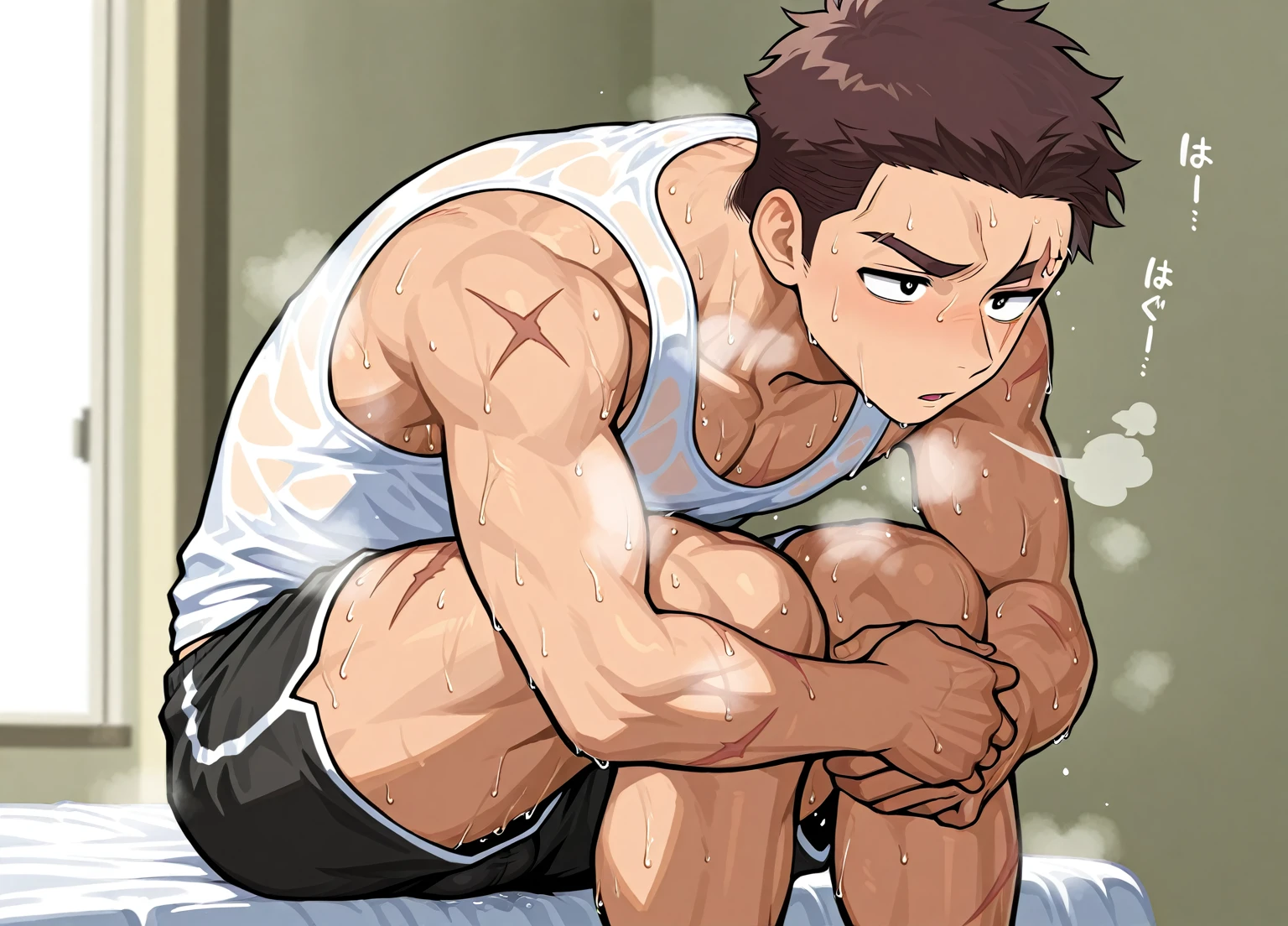 Just a young boy, sexy, seductive, in small and tight underwear, highlighting her large private parts, defined torso