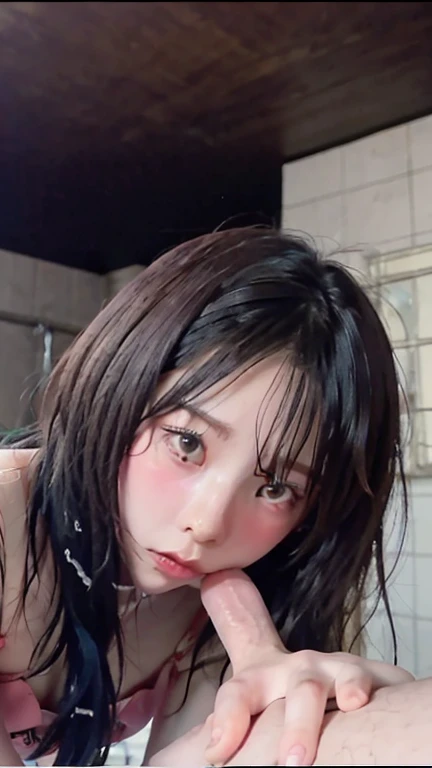triangle-bikini,(open mouth:1.5),(tongue out:2),Kneeling,handjob,Hands between legs,choker,front view,face focus,from above(1girl,Beautiful 14 year old girl,teenager),((Slender,Small breasts,Small face,)),(looking at viewer),Dim lighting,Black Hair,bangs,straight,shower room