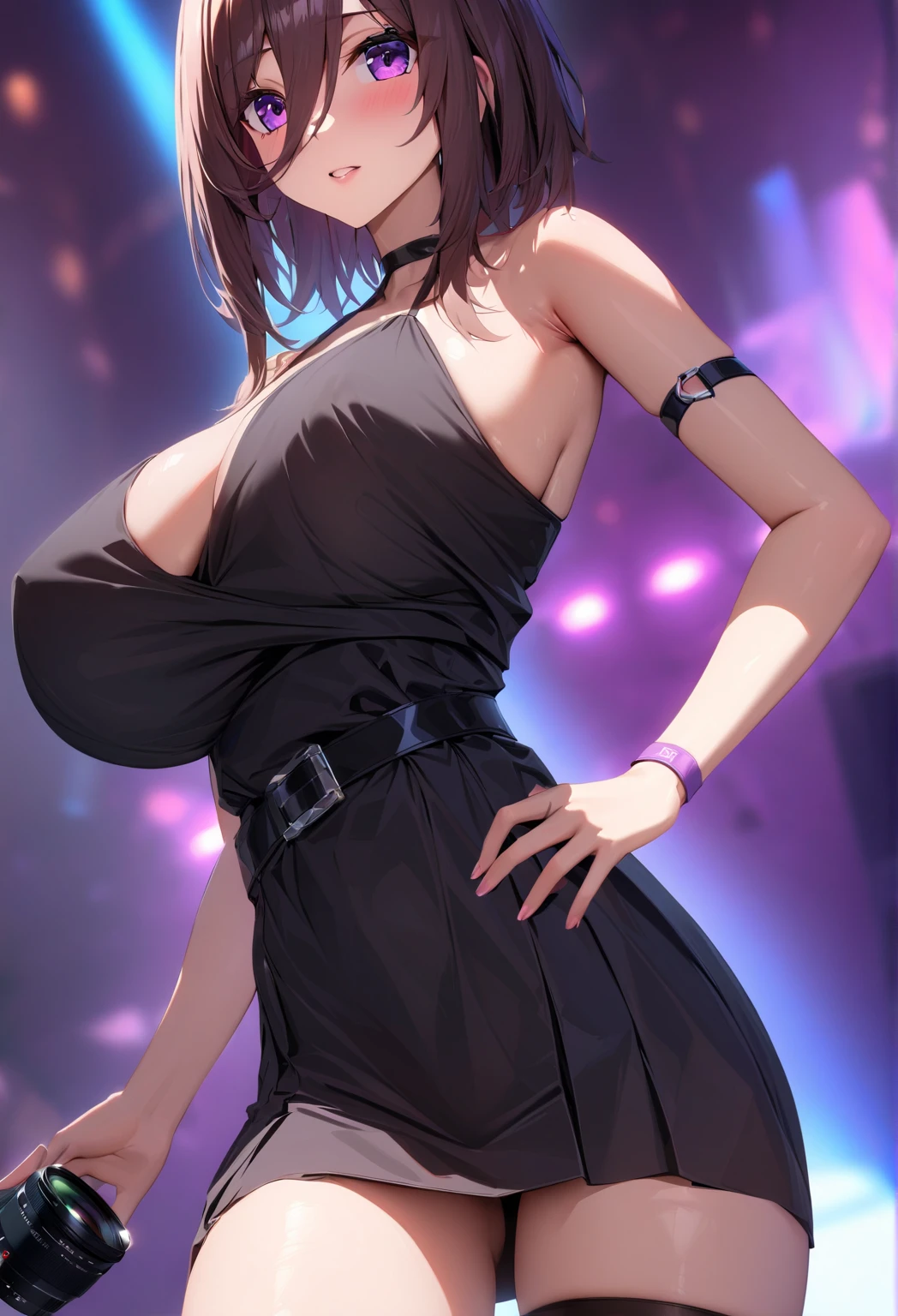 nsfw:1.2, nsfw, (highest quality:1.2, Very detailed, Latest, Vibrant, Super Detail, Ultra-high resolution, High Contrast, masterpiece:1.2, highest quality, Best aesthetics, there is:0.9), alone, (1 female), ((Sheer dress:1.2, mini skirt)), (Small face), (Grin), (Skin with attention to detail:1.2), clavicle, Cute face, Detailed eye details, Beautiful appearance, Attractive Big Tits, Slim figure, Beautiful thighs, Garter Stockings, High heels, Dynamic Angle, (Night Party), Many visitors, Random Pause, Highly detailed face and skin texture, Cowboy Shot,Marine Kitagawa