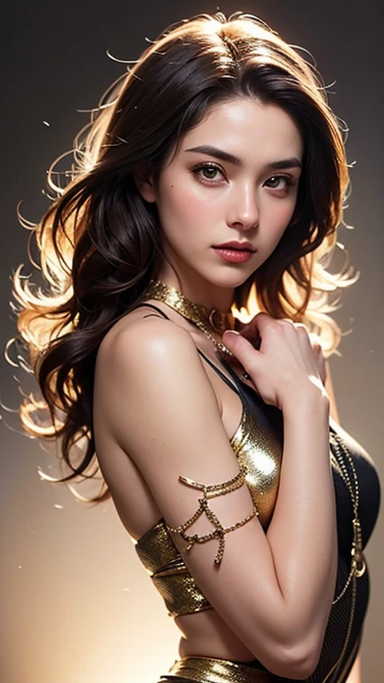 Luxury color style, hyperrealistic gold-white-black outlines of the intricate leaf patterns, embossing on her body (shiny), attractive woman (colored body) wide angle shot, upper body, light painting, subtle golden luxurious room background, incredibly detail