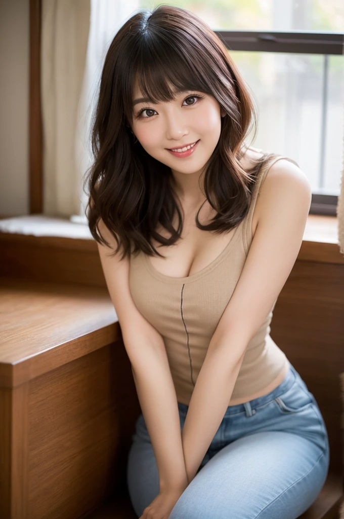 Masterpiece, High quality, high resolution, Skinny Japanese woman, 30 years old, cute face, ((detailed face, detailed eyes)), small breasts, very thin waist, slender legs, dayoff, relaxing at living room