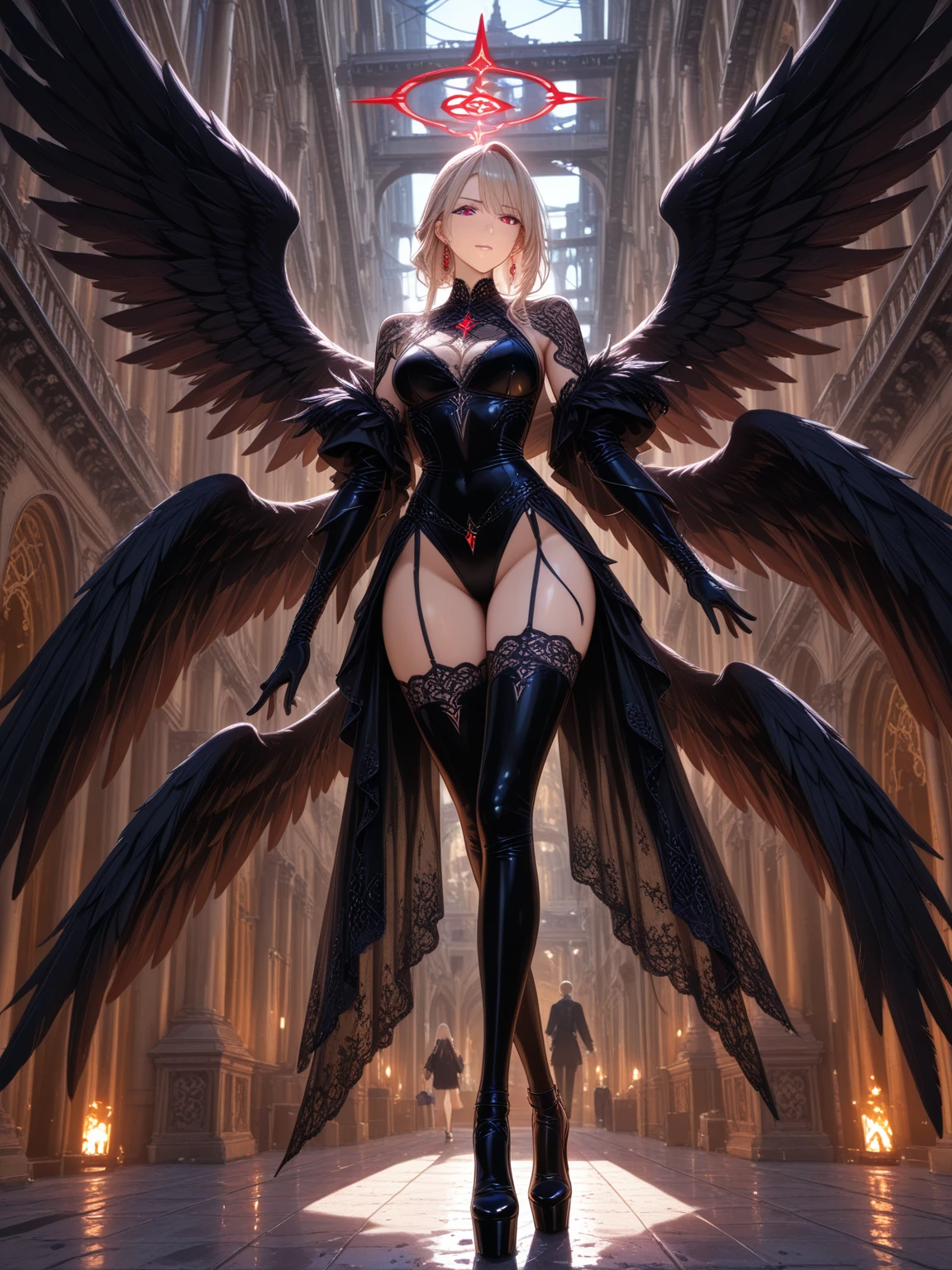 ((masterpiece, ultra detailed)), concept art, illustration, 1girl, solo, (upper body portrait), <lora:angelicWairrorsValkyrie:0.8>, wings, angel, white hair, short hair, yellow eyes, seductive, goddess, (stunningly beautiful), medium breasts, beautiful face, beautiful eyes, hovering on the air, <lora:muscleGirl:0.1>, fit, abs, knee boots, stockings, elbow length gloves, elbow gloves, hair ornament, <lora:lowra:0.4>, dark theme, volumetric lighting, godrays, dramatic cinematic lighting, dark lighting, (ornate), intricate, digital art, hyper realistic, rendered by octane, trending on artstation, award winning, fascinating, elegant, RAW photo, absurdres, 8k uhd, from below, close-up