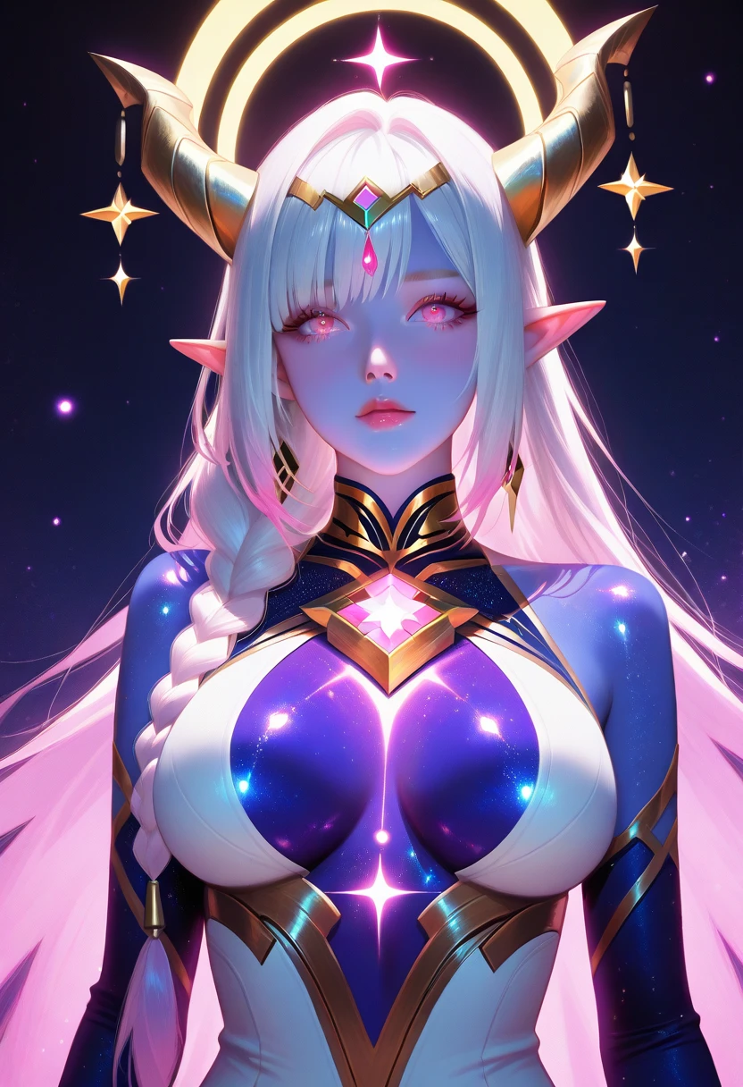 (simple hands:0.5)+(detailed hands:0.7), (masterwork), (best quality), white hair, red eyes,1girl, pale skin, white hair, red eyes, two tone hair, eyelashes, bracelet, jewelry, smile, gleaming skin, shiny hair, detailed and majestic stage, Fantasy, Long Hair, 1 girl, two-tone hair, night sky, Incredibly detailed CG illustration masterpiece, looking at you, anime, beautiful anime eyes, beautiful detailed eyes, eyes, glittering eyes, red eyes, galaxy, nebula, (full body), (curvy), POV, wet neckline, (thick thighs), 4k hd, ultra realistic, perfect body, perfect lips, perfect nose, perfect eyes, looking at the viewer, dress, elegant dress, Soft Dress, Long dress, Elf, Elf ears, Neon, Neon Lights, Bright Colors, Detailed Dress, Neon Dress, Elegant Dress, Sleeveless Dress, White Dress, Bridal Dress, Elegant Trim, Gold Trim