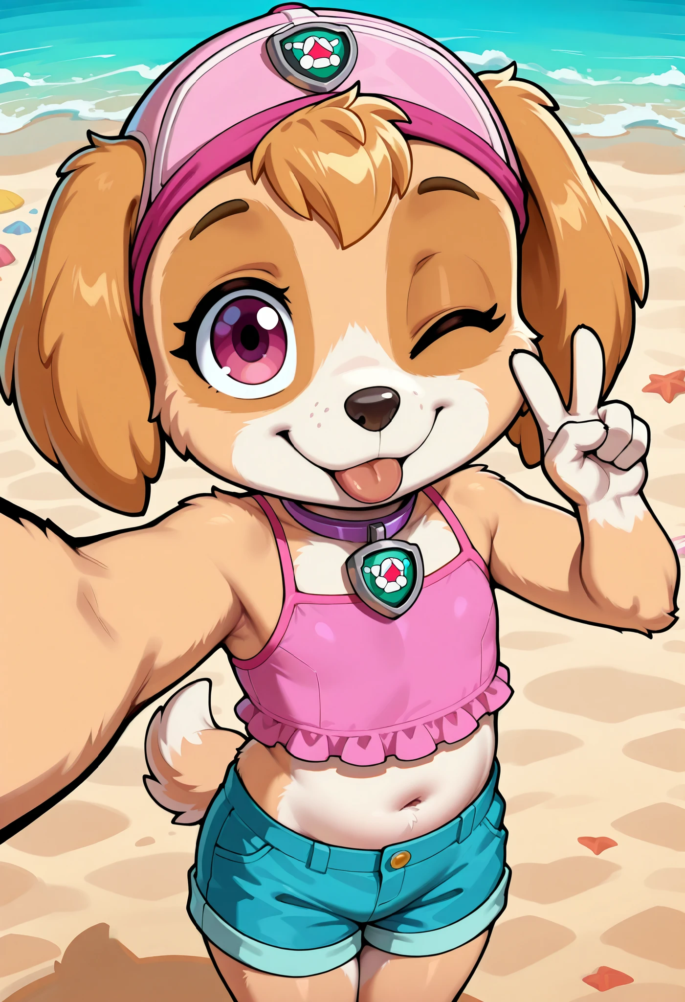 score_9, score_8_up, score_8, 1girl, source_cartoon, source_furry, skyepp, dog, furry, toddler, skye, paw patrol, cute face, one eye closed, tongue out, 4 fingers, v, standing, ((pink cap, Skye collar, pink frilly tankini, midriff, blue shorts)), beach, selfie POV,