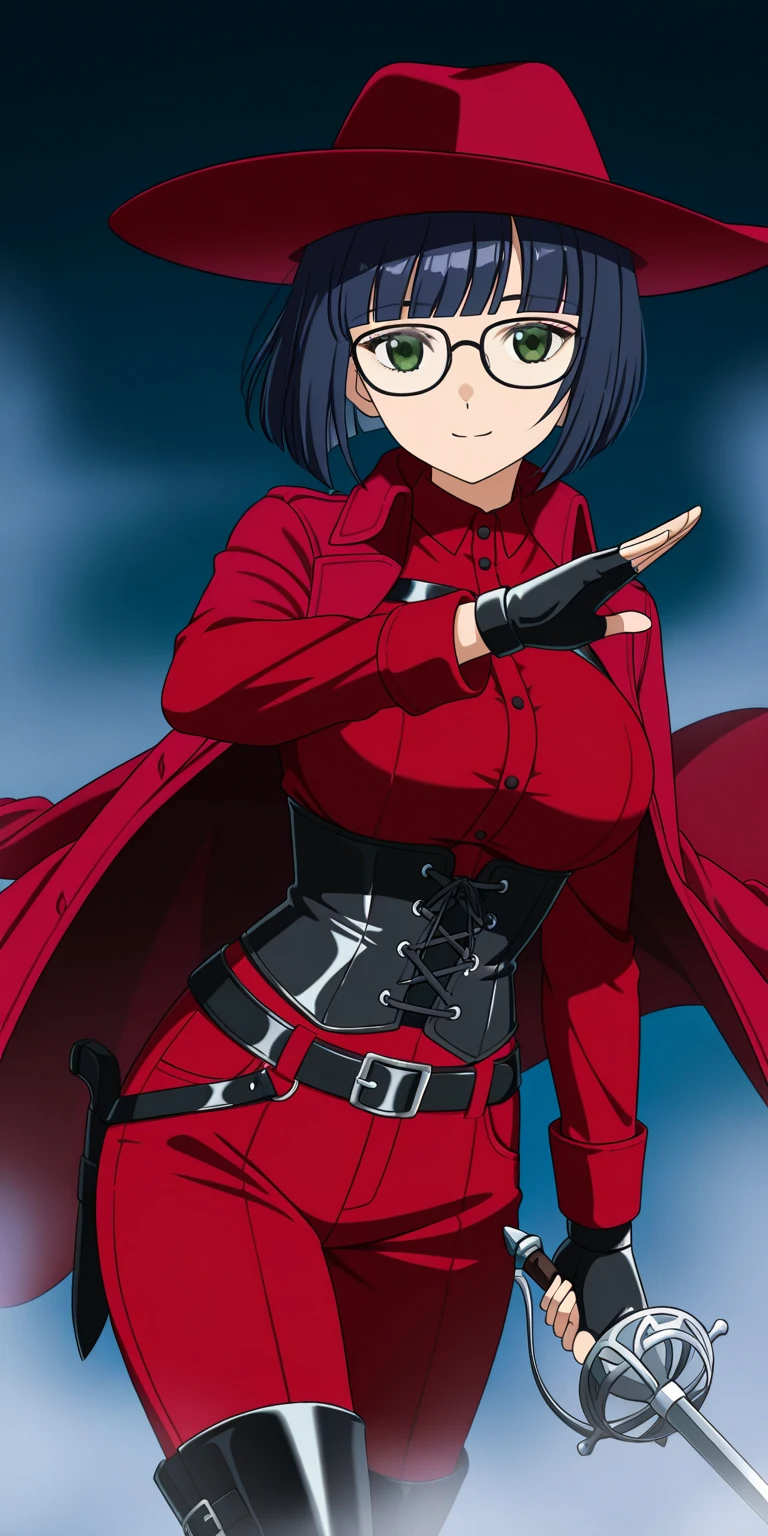 red jacket, black miniskirt, cleavage, cute, (((view from front))), anime, 2D, HD, 8K, 90s style, 1girl, black hair, ((white skin)), , standing, (((cowboy shot))), medium breasts, forehead, serious, blue eyes, short hair, simple background, kasuki takahashi style, white background