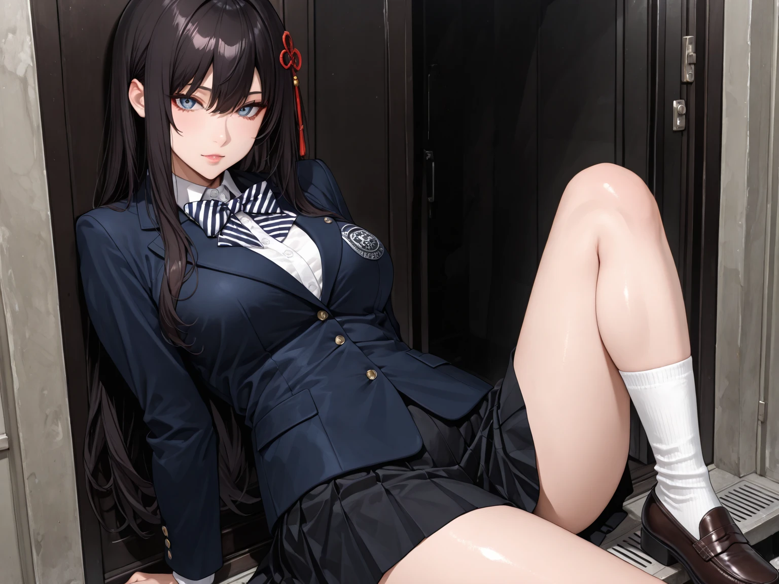 A woman with a penis between her legs A woman in a school uniform and a shiny black high-cut school swimsuit With legs apart