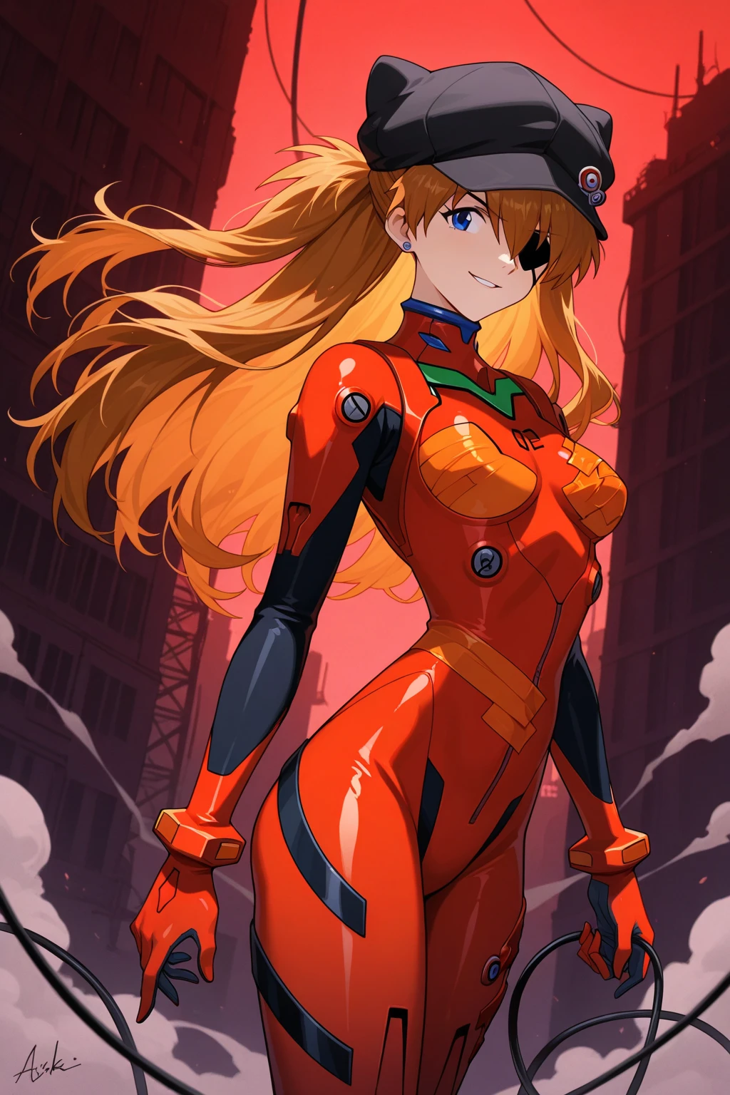 (masutepiece, Best Quality, Detailed), 1girl in, Solo, Cowboy Shot,
Souryu Asuka Langley, Interface headset, Red bodysuit, Cameltoe, Skin Tight, Sexy, Face Focus, an eye patch, Hats, Red tape is wrapped around his arms and stomach..