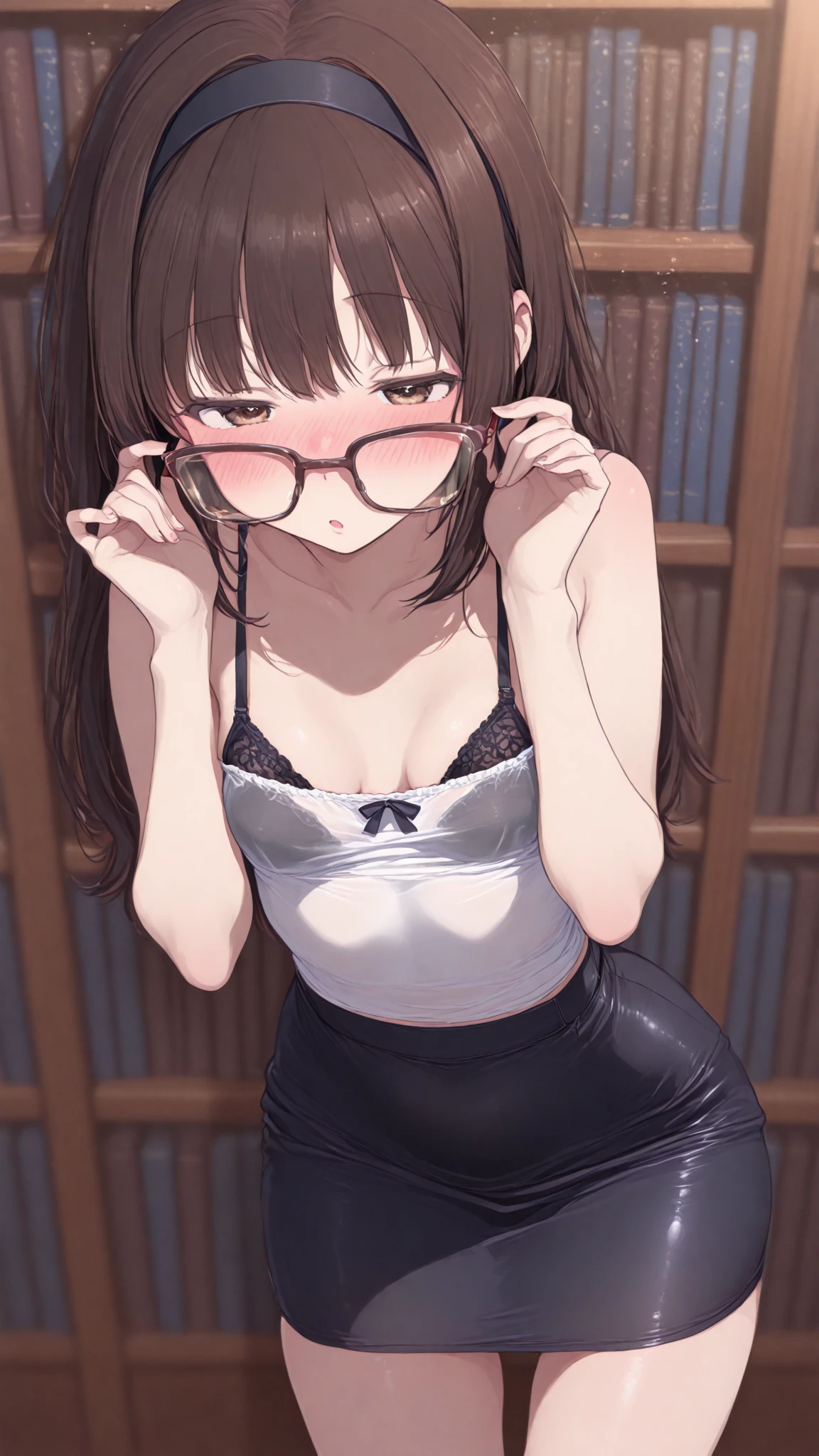 (masutepiece, Best Quality, Capture super cute moments, depth of fields, ultra-detailliert, Ultra High Resolution, C4D, Octadale, 3D Modeling, 8K, 16 K, one girls,a junior high school student, small tits,A dark-haired,short-hair,straight haired,Light brown eyes, horseshoe-shaped hairband,wearing black glasses,Sad face),Pink camisole, cleavage,Put your hands on your face、is crying、bustshot、Gymnastics sitting