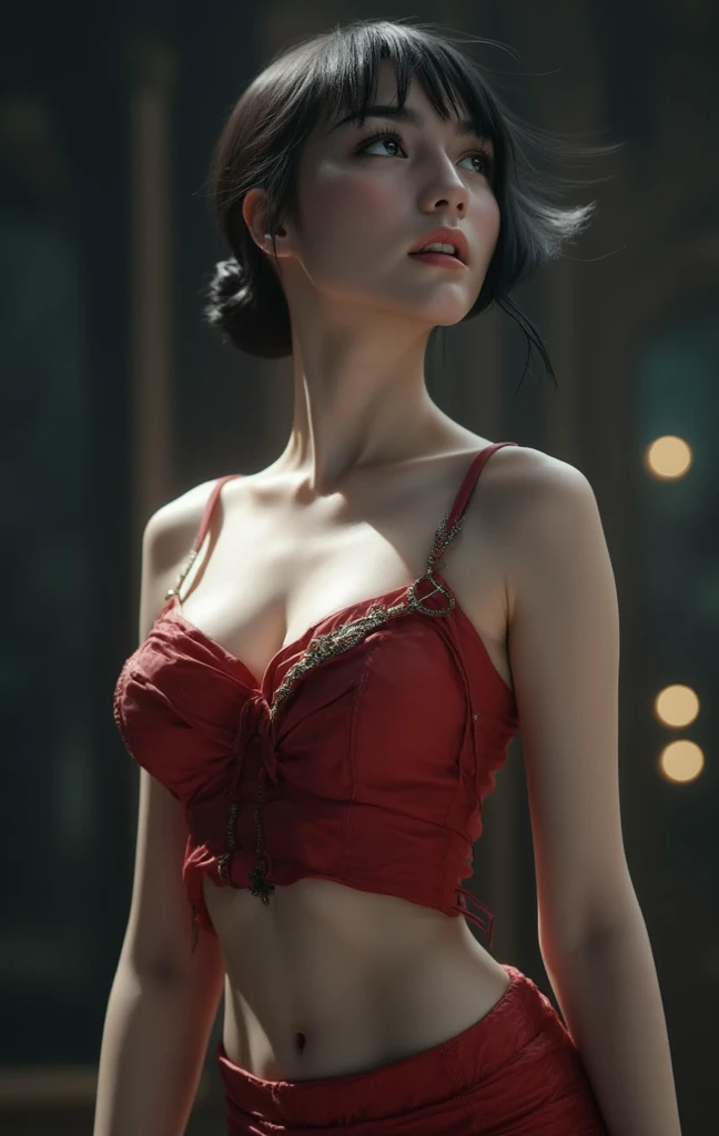 close up, (neon, night view, dutch angle, from above, strapless:1.3), masterpiece, best quality, raw photo, photorealistic, off shoulder, red lace dress, red choker, reddish purple eyes, updo, upper body, cleavage, facelight, shiny skin, film grain, chromatic aberration, absurdres, highres, ultra detailed, finely detail, detailed eyes and face, sharp pupils, realistic pupils, sharp focus