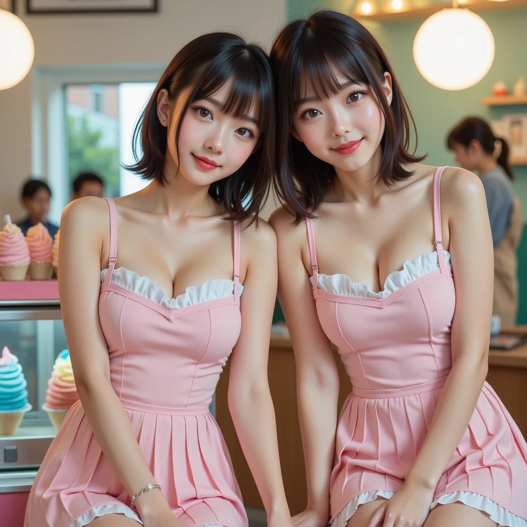 (((((((((Emphasize cleavage))))))))) 


(((((((((Woman wearing a pink high leg leotard)))))))))
((((((White skin))))))
((((((Heavy makeup))))))


(((((((((Full body photo)))))))))
 (((((((お洒落でcuteInside the Starbucks store))))))) 
8k、RAW Photos、Highest quality、Super detailed、Super Resolution、Ultra HD、8k wallpaper、Amazing details 

(((((((((((Inside the Starbucks store)))))))))))、
 ((((((Sit down and eat cake、Drink Starbucks coffee、smile))))))、((Heart Necklace)) Modern and sleek design：Interior design using natural materials、Many of the designs are warm and made using wood and metal.。 Large windows：自然光をたっぷり取り入れるためのLarge windowsがあり、Providing a bright and open space。 Green Interior：Potted plants are effectively placed、It creates a relaxing atmosphere。 artwork：Works by local artists、Starbucks-related art on display。 Cozy seating：Cushioned chairs and sofas、Bar sheet etc.、A variety of seating options available。 Open kitchen area：Being able to see how drinks and food are made、We provide peace of mind and transparency。 Unique lighting：Antique lamps and chandelierodern lighting fixtures are used。 Comfortable background music：Relaxing music is playing、A comfortable space is provided。 Wide々Table space：一人でもグループでも使いやすいWide々There is a table with。 Community Table：There is a large table where you can socialize with other customers.。 Seasonal decorations：The decorations are themed according to the season.。 Design with a local feel：The design incorporates the local culture and characteristics.。 Fragrance production：コーヒーの香りが店内にWideがり、A space that satisfies the five senses has been created.。 Conversation with a barista：フレンドリーなConversation with a baristaが楽しめるカウンターエリアがあります。 8k、RAW Photos、Highest quality、masterpiece:1.2、Super detailed、Super Resolution、Ultra HD、8k wallpaper、Amazing details、Photorealistic:1.4、Having fun by the water、Full Body Shot、Full body photo、High-resolution RAW color photos、Professional photos、A scene full of emotion、Very detailed and beautiful、Ultra HD、8k wallpaper、Amazing details、Huge file sizes、Highly detailed beautiful girls、Highly detailed face Highly detailed eyes、Extremely realistic skin、 Highly detailed fingers, Highly detailed nose, Highly detailed mouth, Perfect Anatomy, Highly detailed background, Highly detailed clothing, Teen, cute女の子, Famous Japanese Idols, cute, Realistic body, Slender, White skin, Glowing Skin, Slim body, Realistic Face, Delicate eyes, double eyelid,


