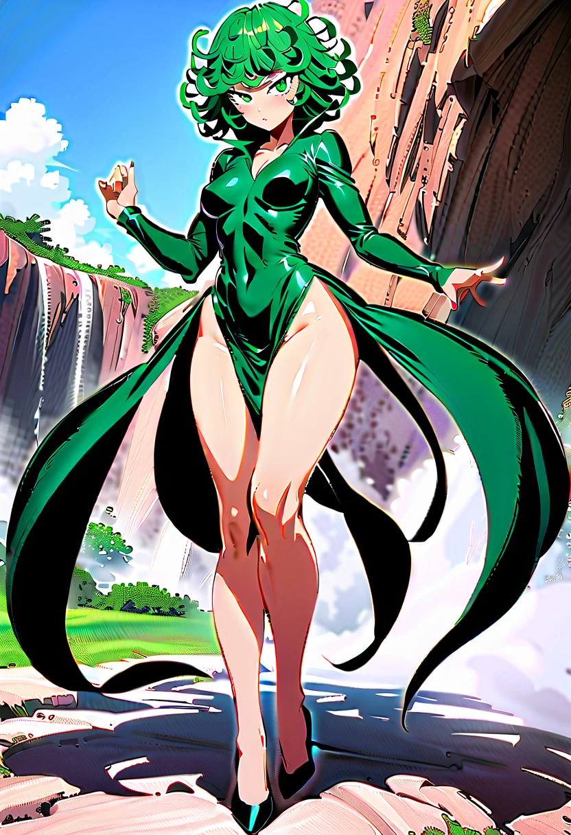 Tatsumaki , Dynamic positions have a golden part, fragile physique, Street, floats in the air, close up portrait, stands leaning towards the floor, beautiful , White Nurse's Coat, Short skirt, breasts fall out from under the robe, leans forward,  very erotic, arches his back, Portrait of a girl, standing in a sexy pose, leans forward, beautiful фигура, buttocks, beautiful грудь, very sexy, the texture is very durable，The picture is very clear and concise，incredibly beautiful，Temperament elegant，in a spacious room, нежное выражение лица Tatsumaki из One Punch Man, short green hair, green eyes, , heels, full body view, smiling, dynamic pose, Tatsumaki из One Punch Man, short green hair, green eyes, ,dynamic view, (masterpiece, Best quality:1.2),