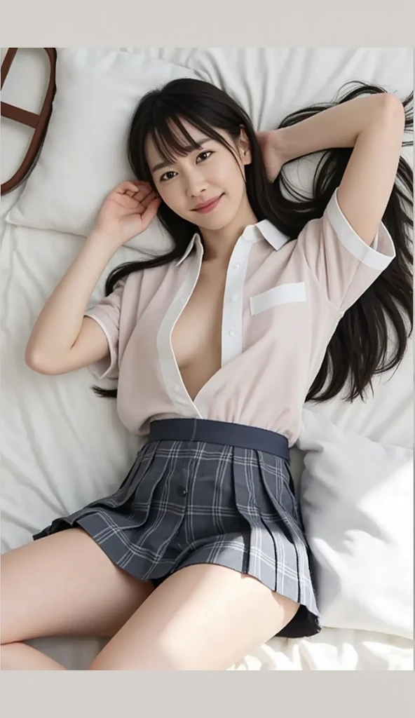 (Cute Japanese Girls), Sexy 18 year old girl, (The cutest faces), Thin chest, Thin thighs, Straight hair, On the bed, (((school uniform))), ((sexy pose like a gravure model)), (expression in orgasm), ((lying on)), closed eyes,